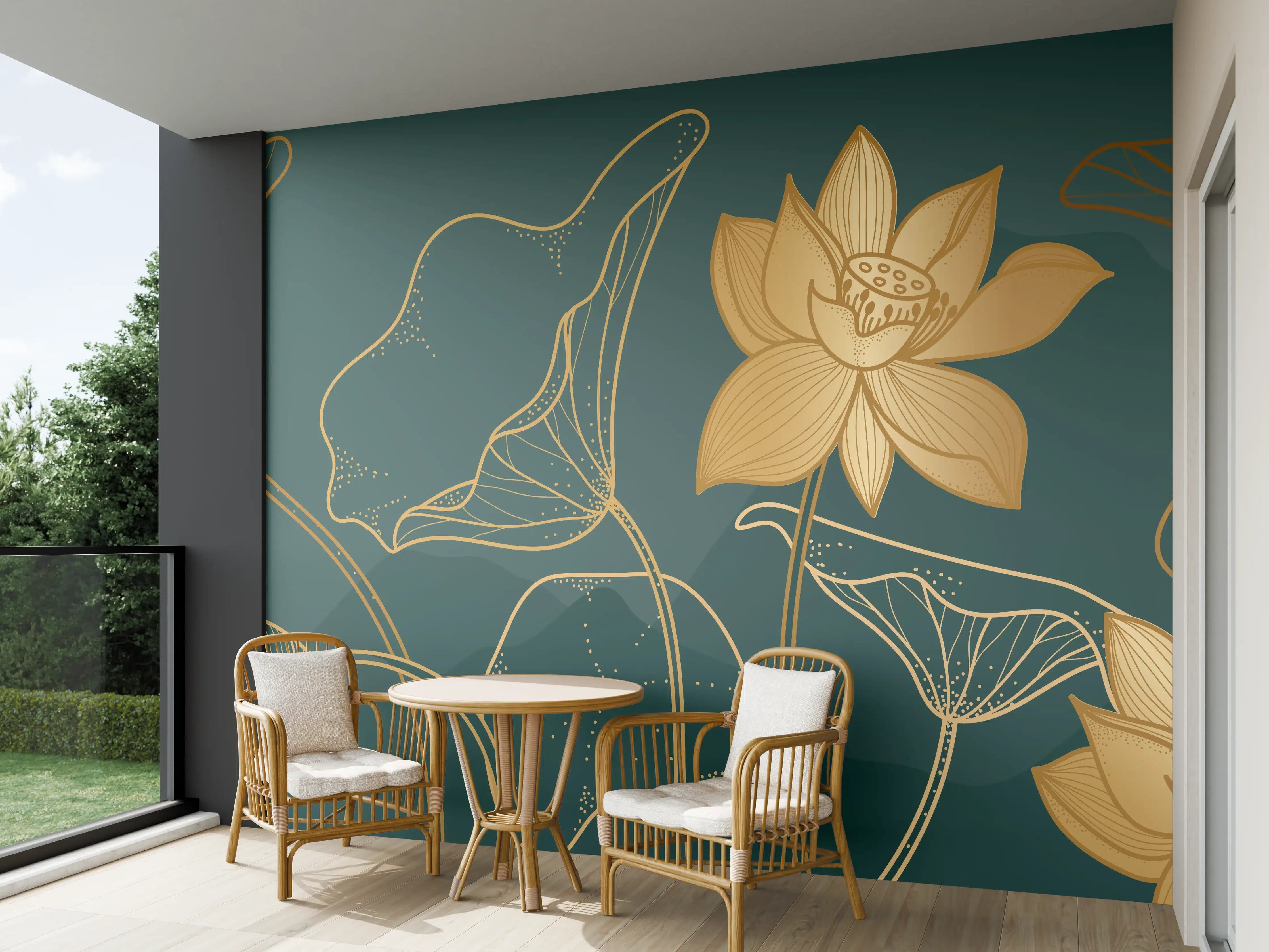 Wandverkleidung außen - Goldene Lotus Linienzeichnung
