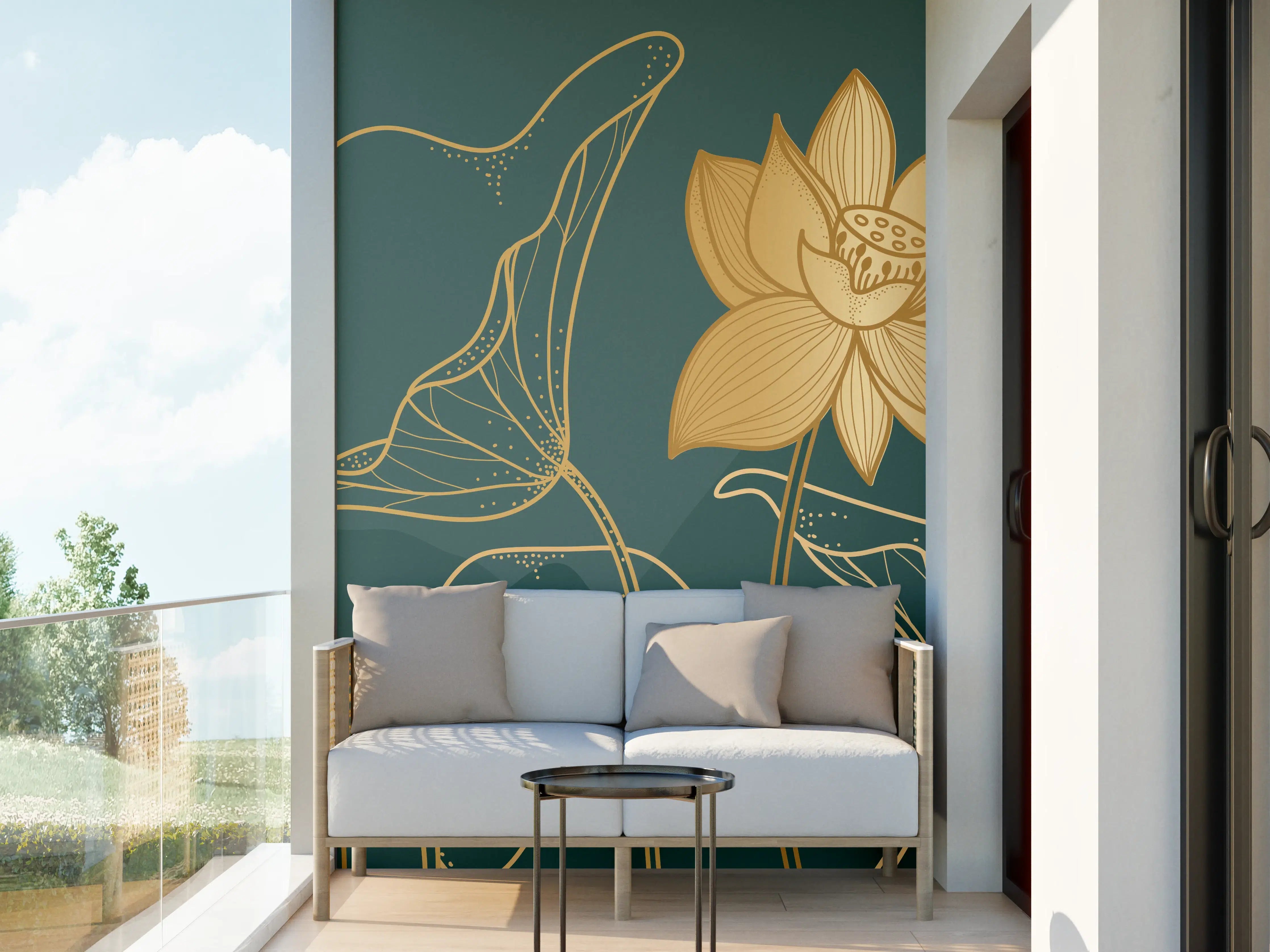 Wandverkleidung außen - Goldene Lotus Linienzeichnung