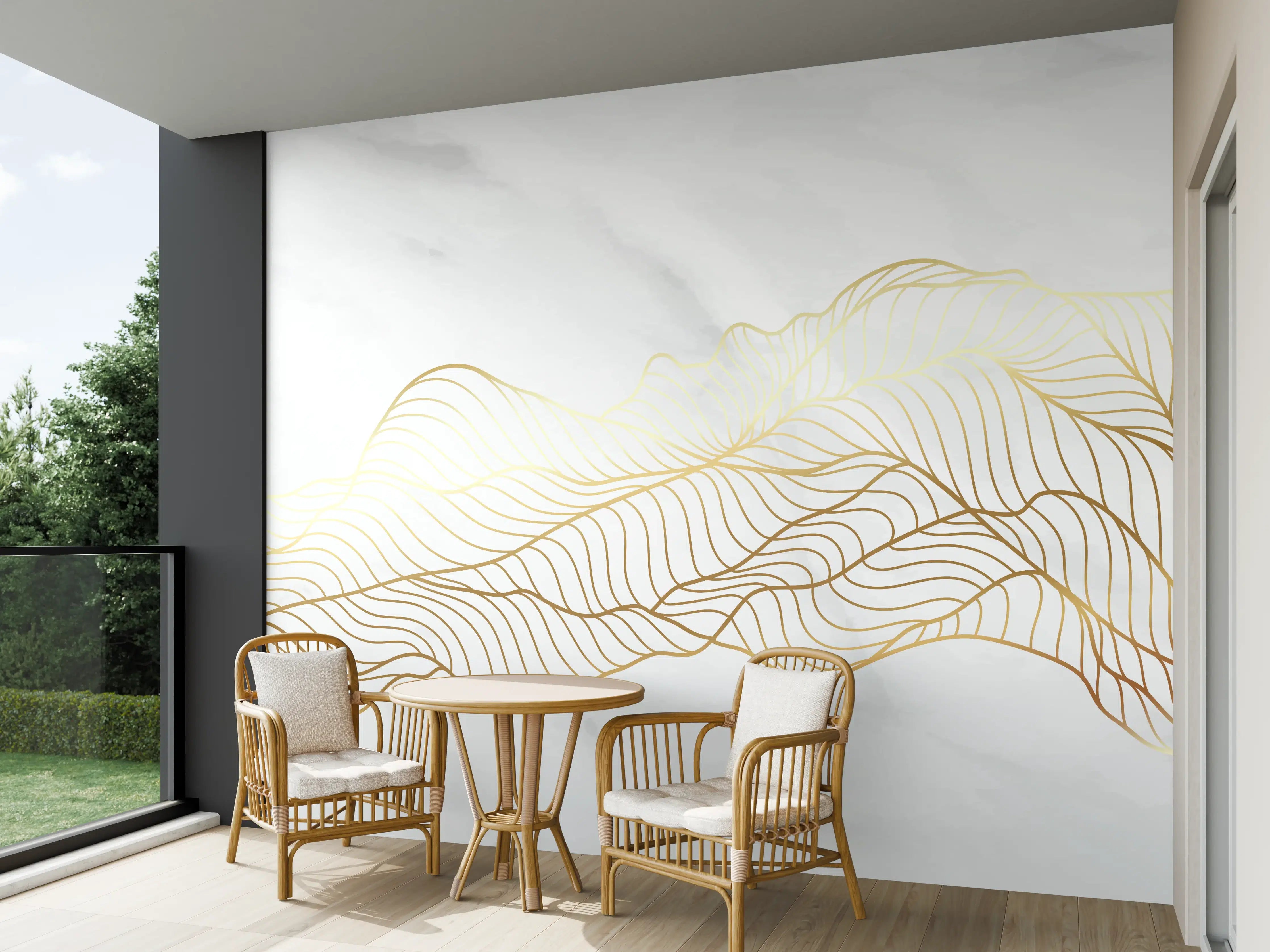 Wandverkleidung außen - Goldene Wellenlinien auf Marmor