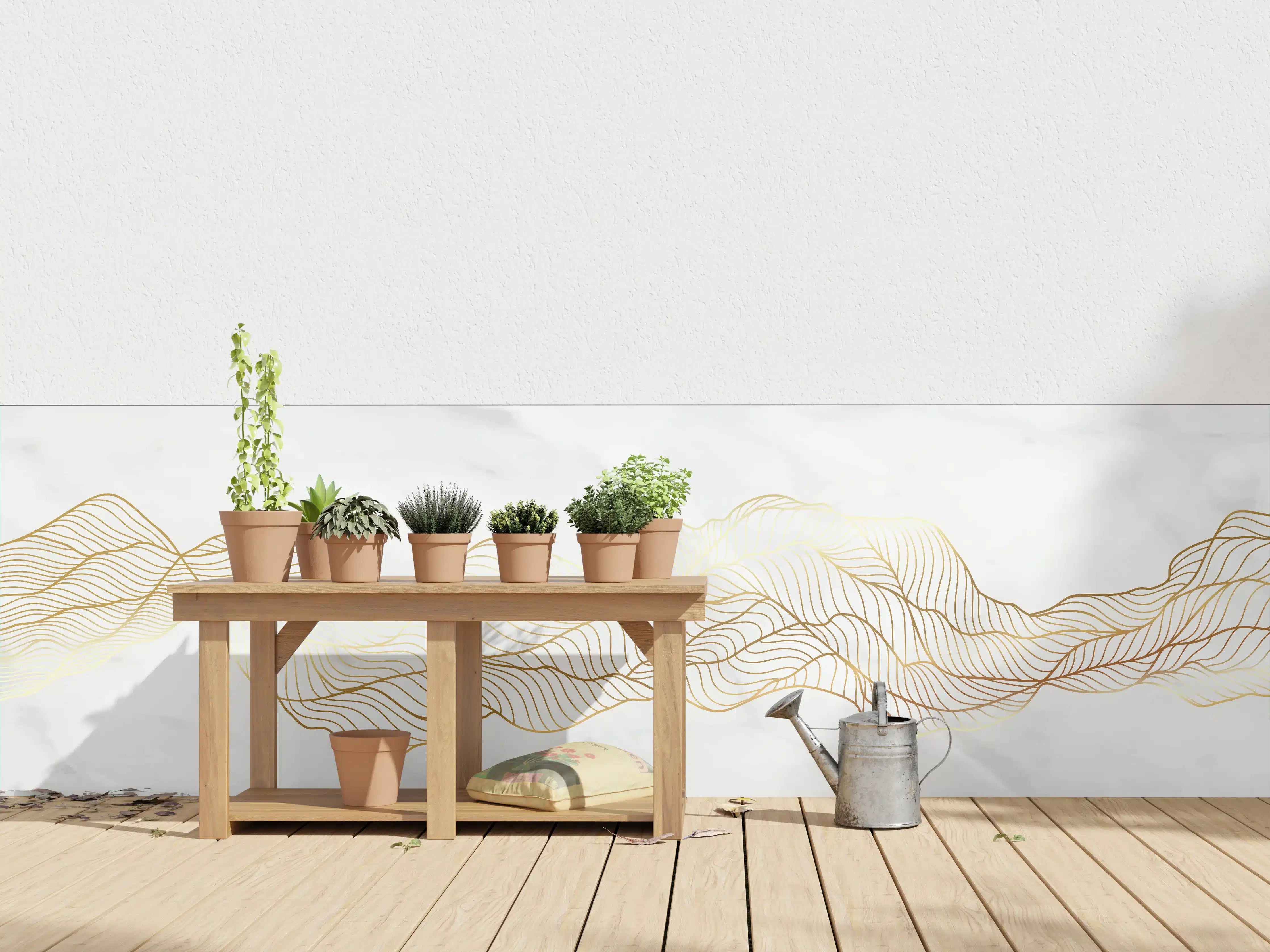 Wandverkleidung außen - Goldene Wellenlinien auf Marmor