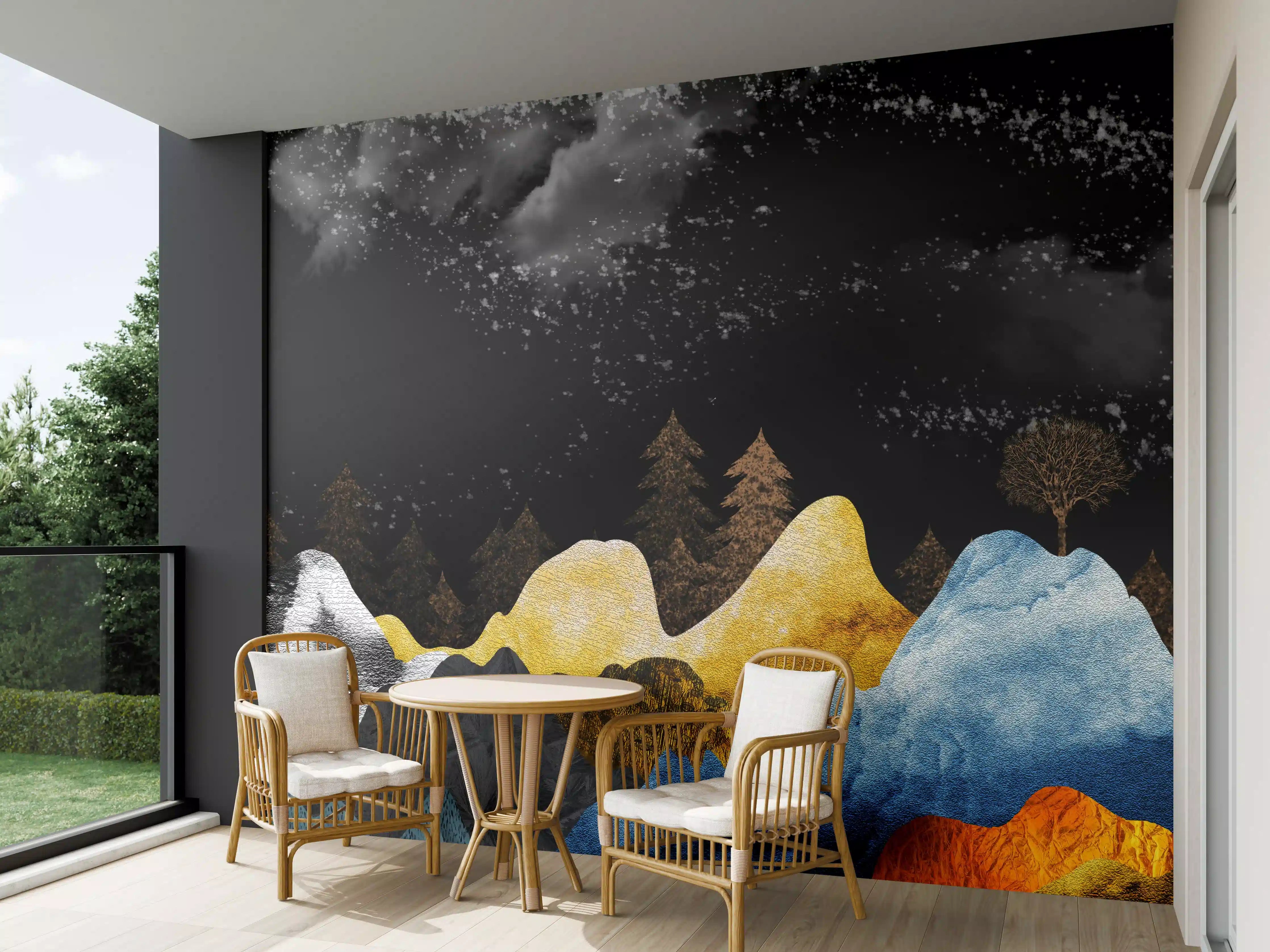 Wandverkleidung außen - Goldene Winterberge Wandtapete