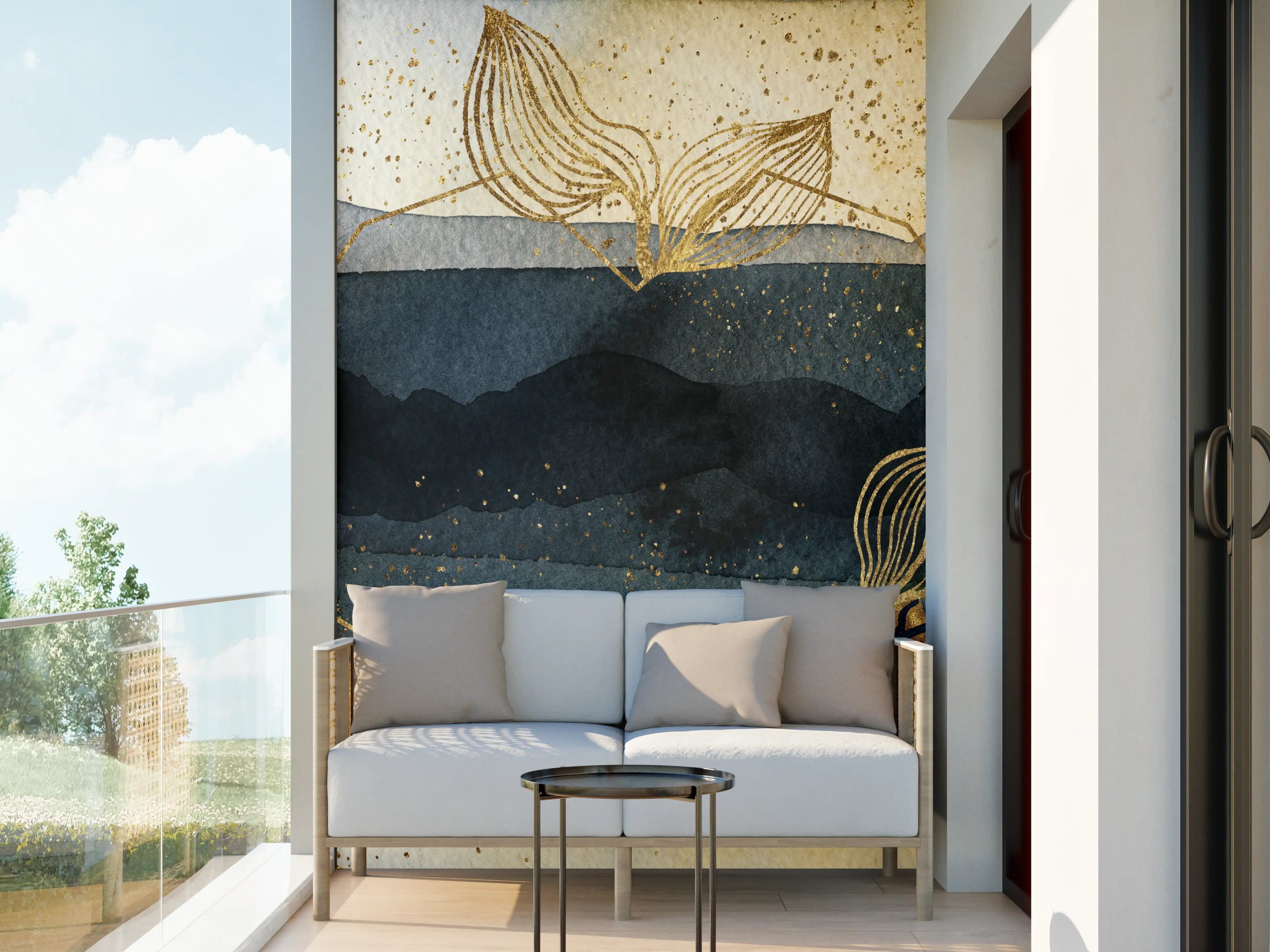 Wandverkleidung außen - Goldene und Blaue Wasserfarbenkomposition