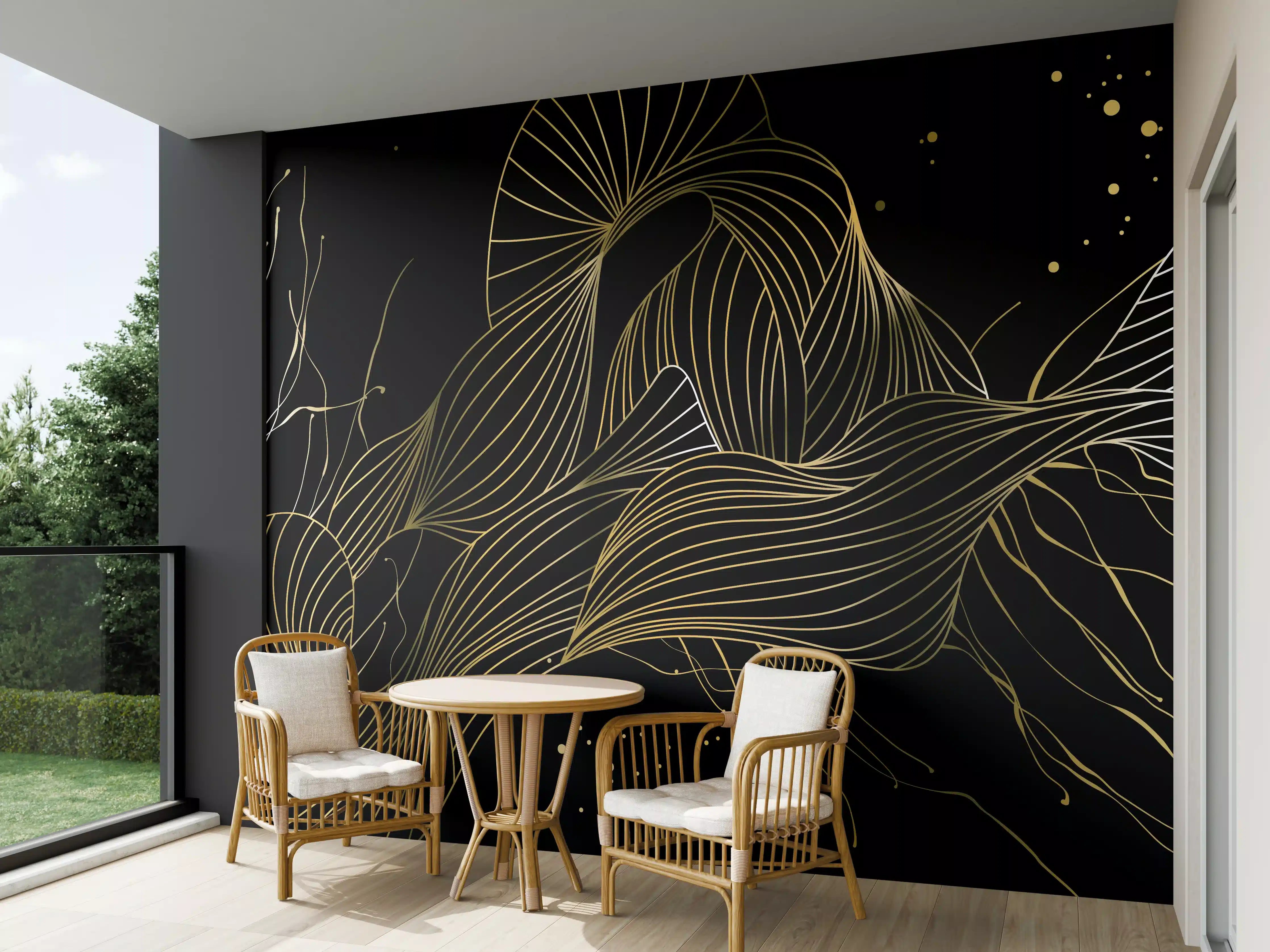 Wandverkleidung außen - Goldenes Linienmuster auf Schwarz