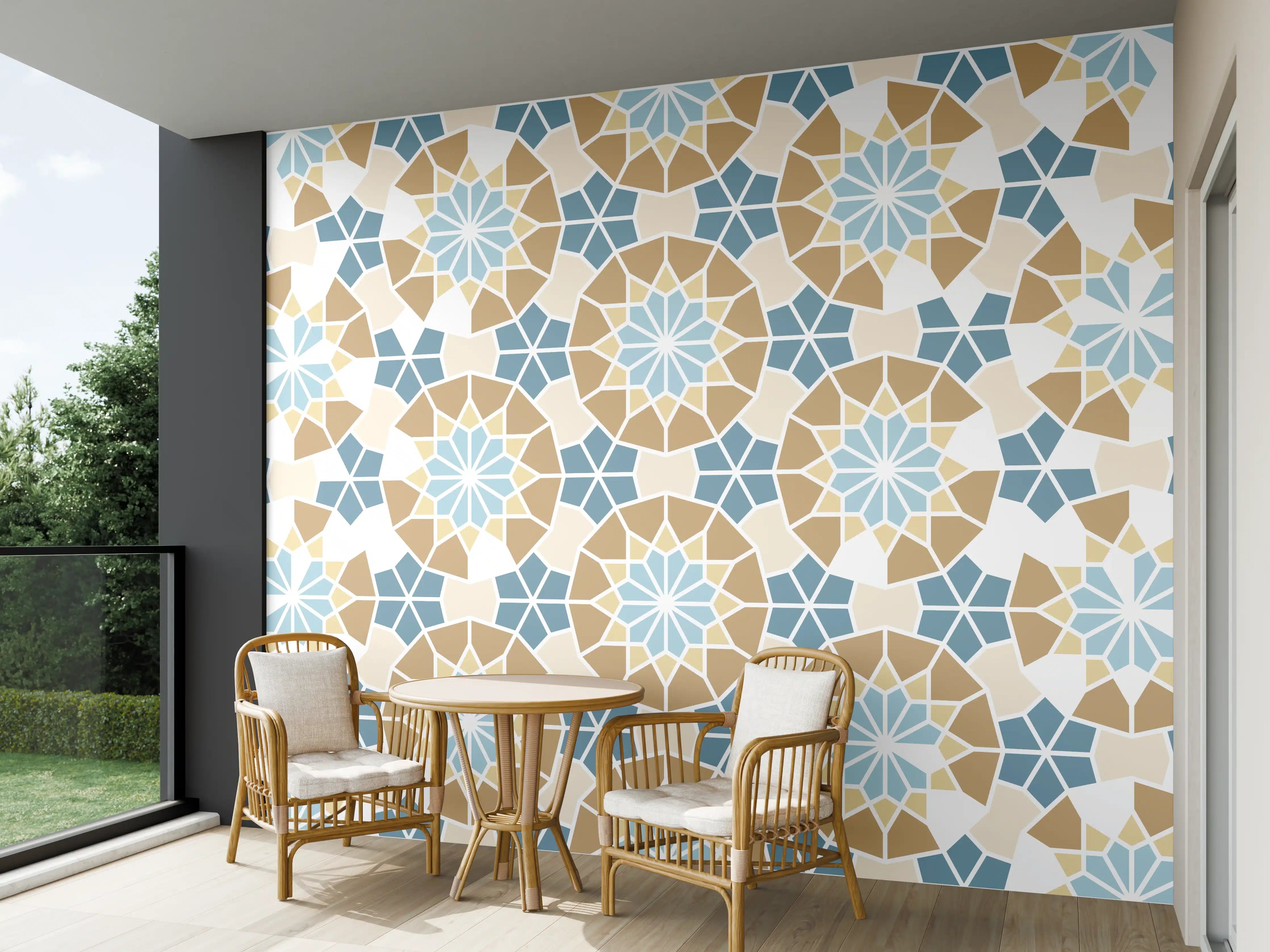 Wandverkleidung außen - Grafisches Blau Beige Muster