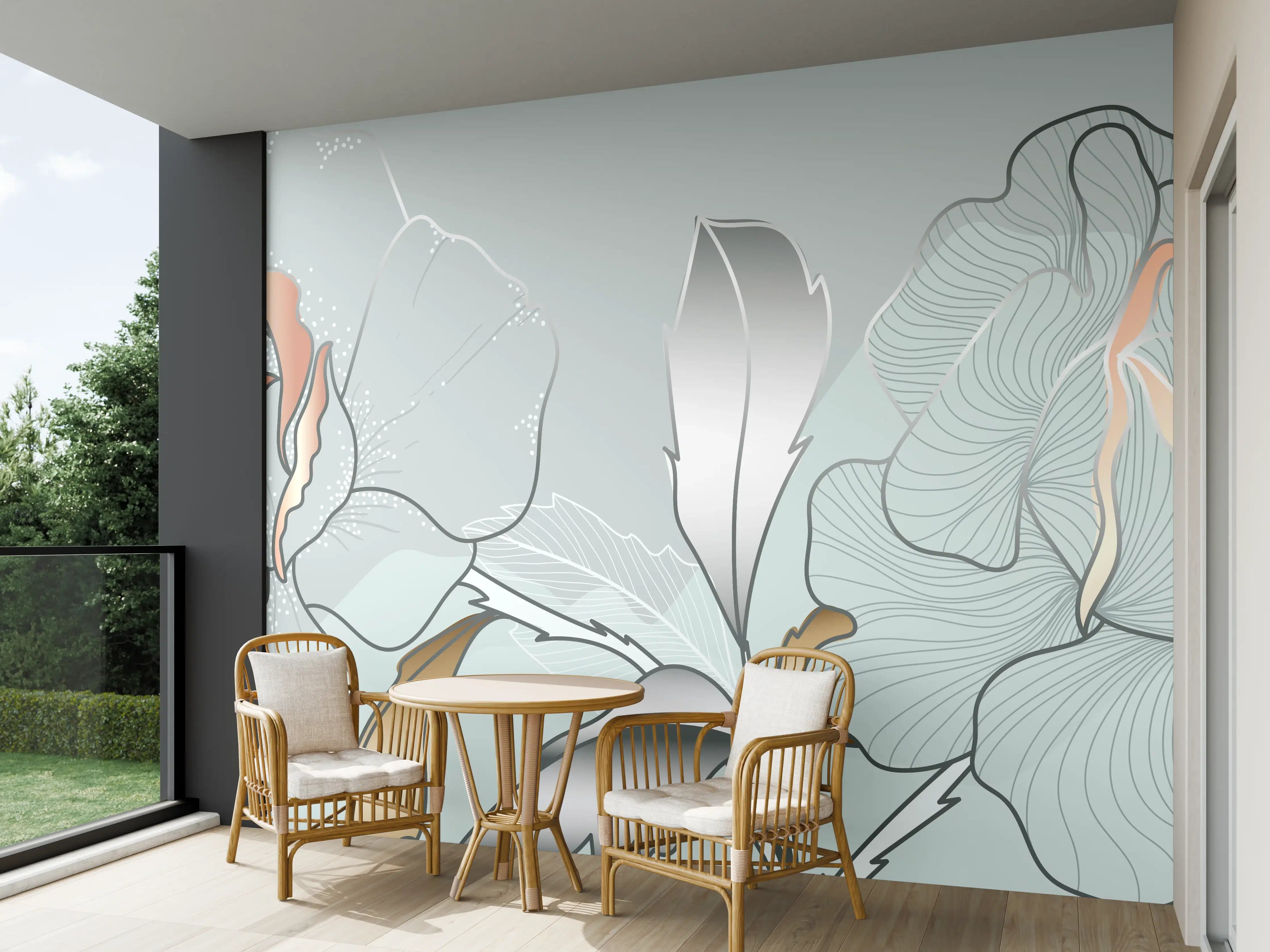 Wandverkleidung außen - Grau-Weiße Blumenillustration