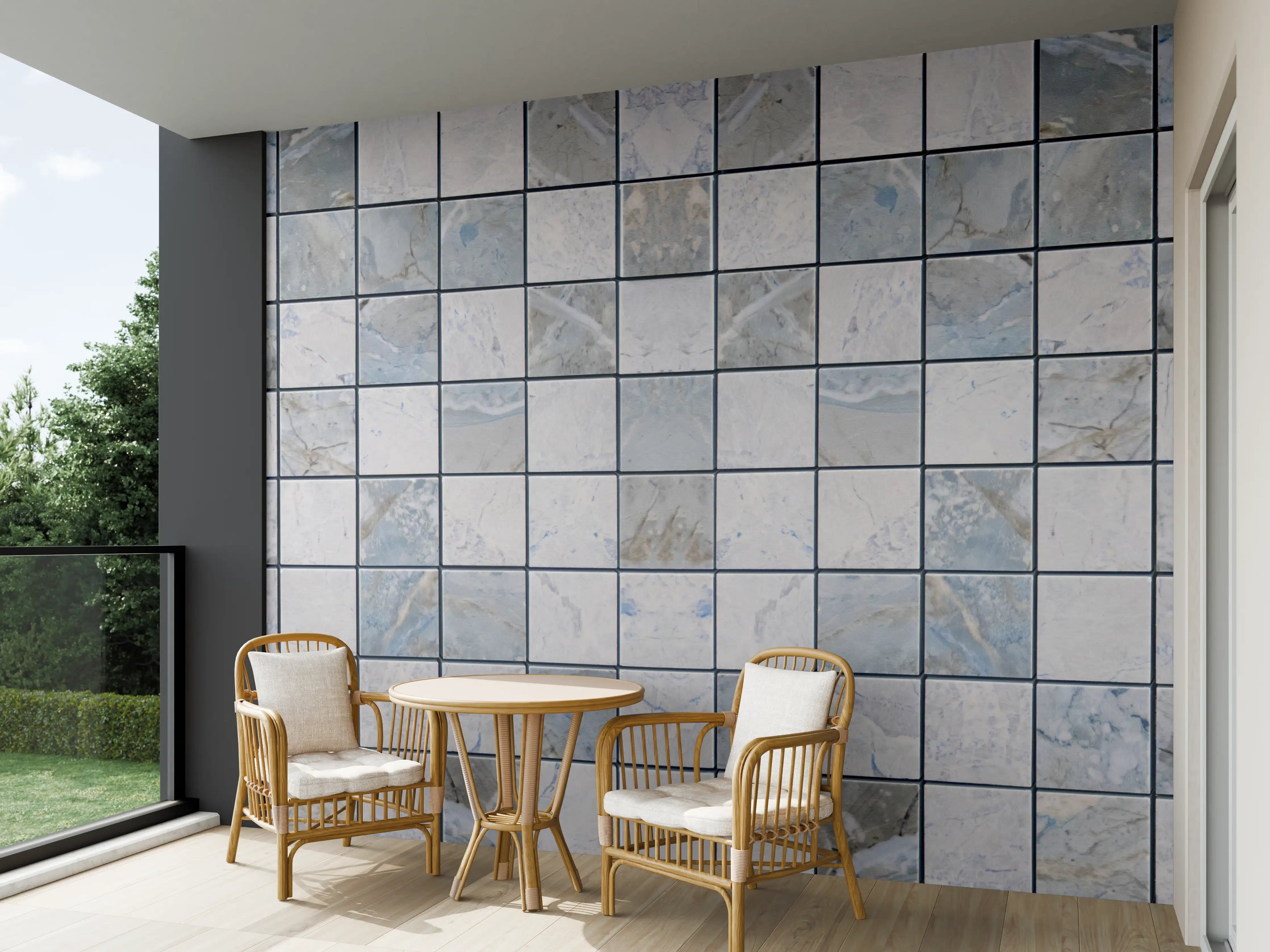 Wandverkleidung außen - Grau-weiße Mosaikfliesen mit Marmoreffekt