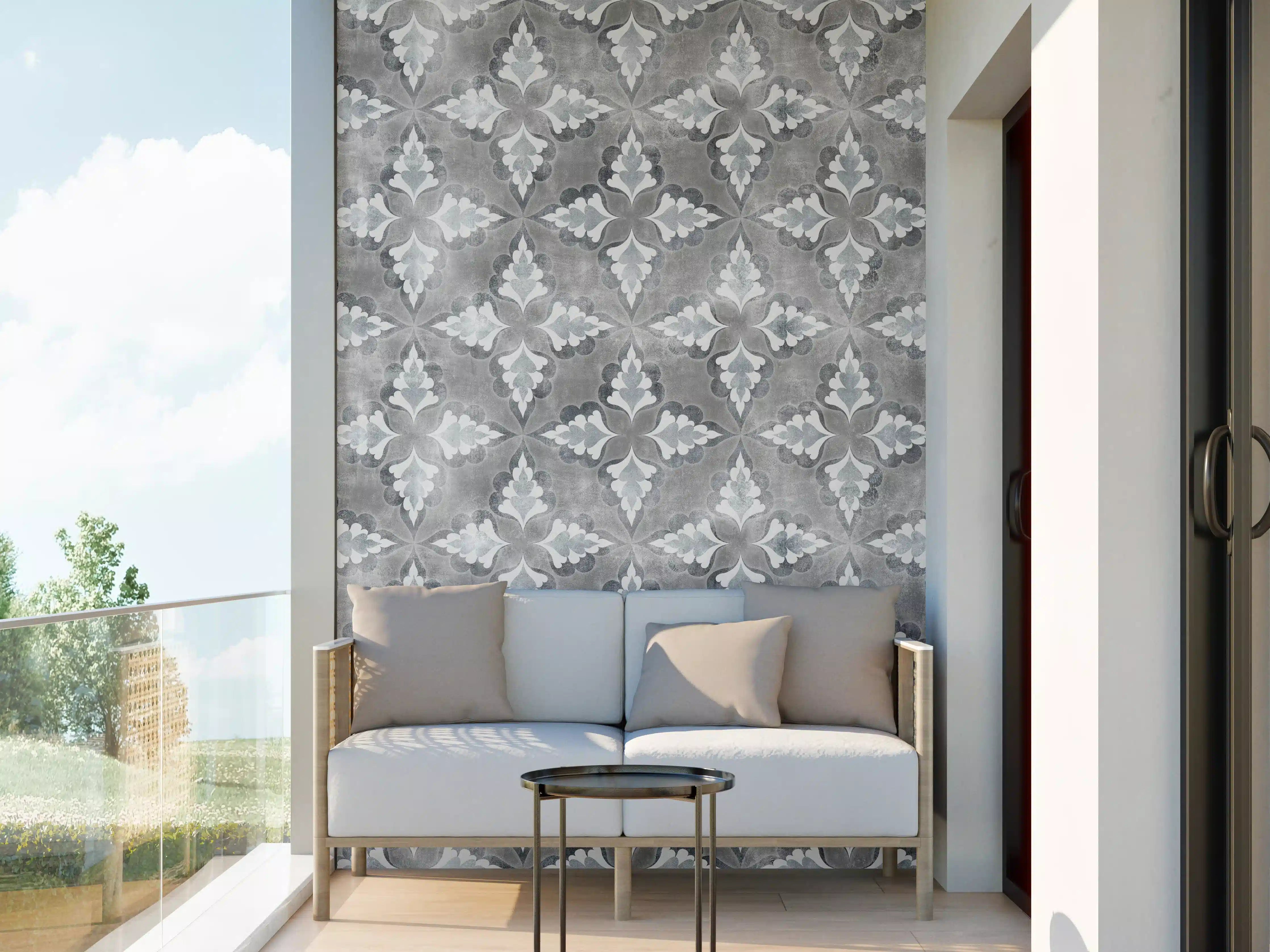 Wandverkleidung außen - Graue Fliesenmuster mit floralem Design