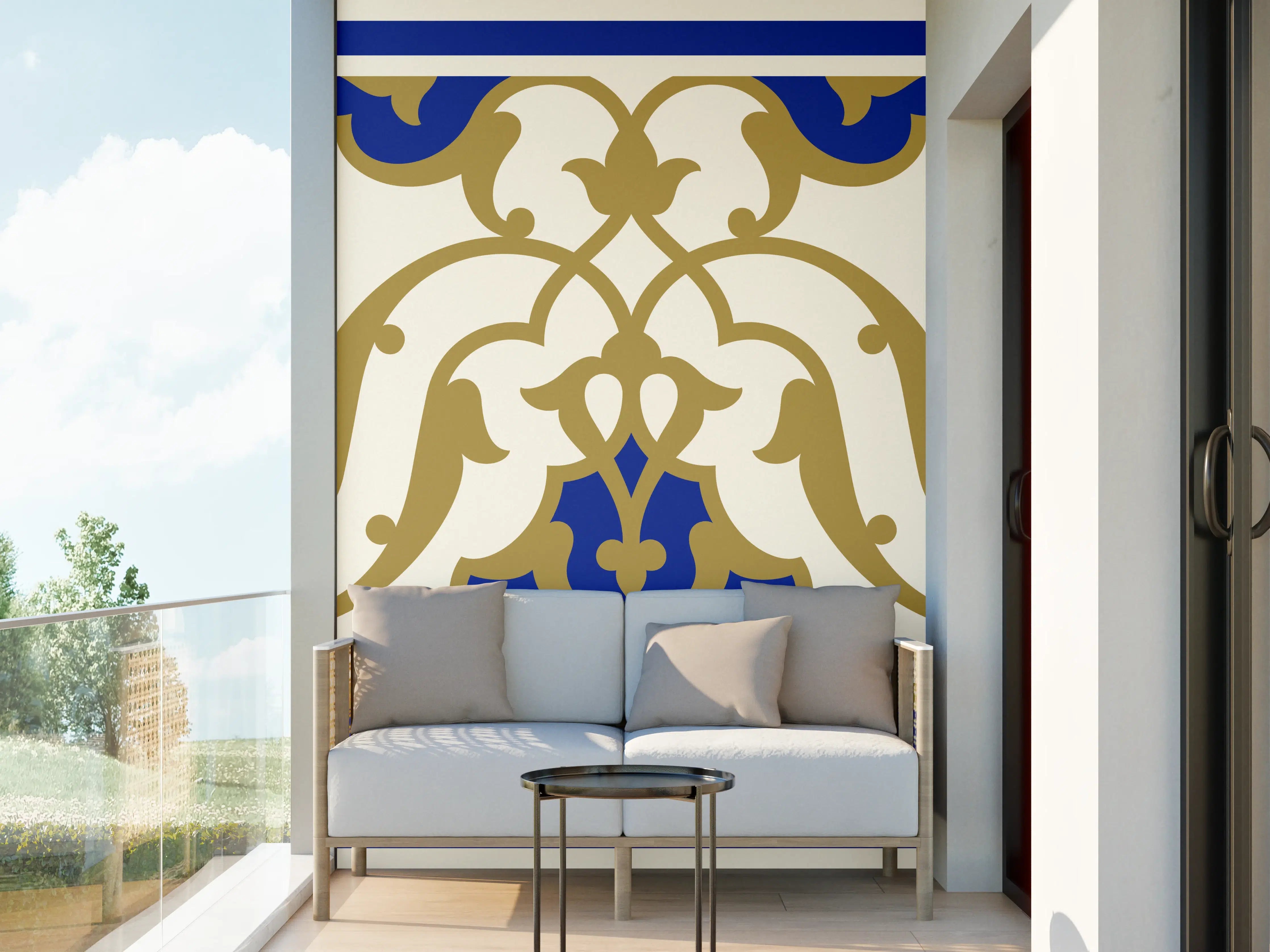 Wandverkleidung außen - Graue und goldene Ornamentkunst