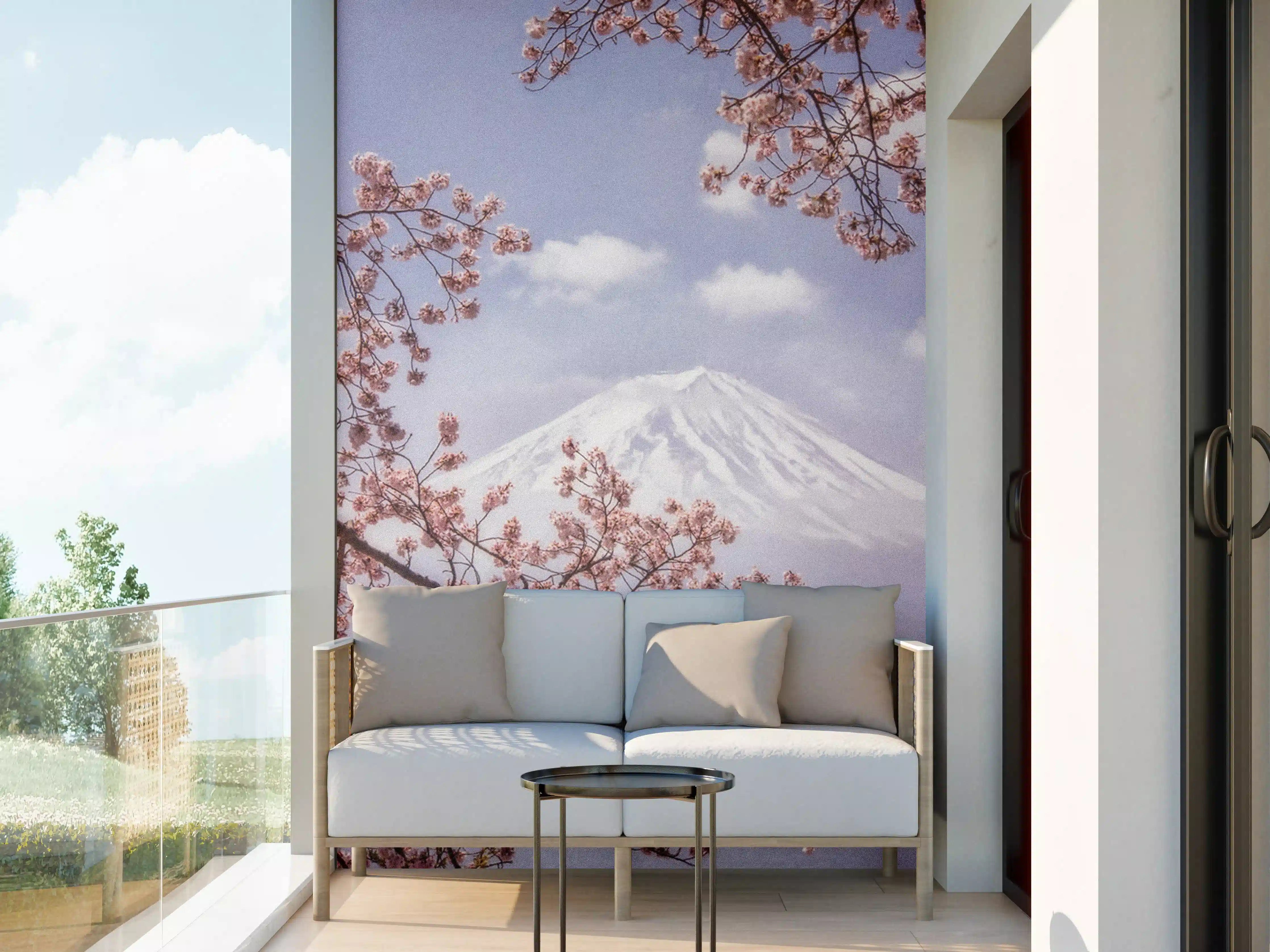 Wandverkleidung außen - Großer Berg hinter Kirchblüten - Japan