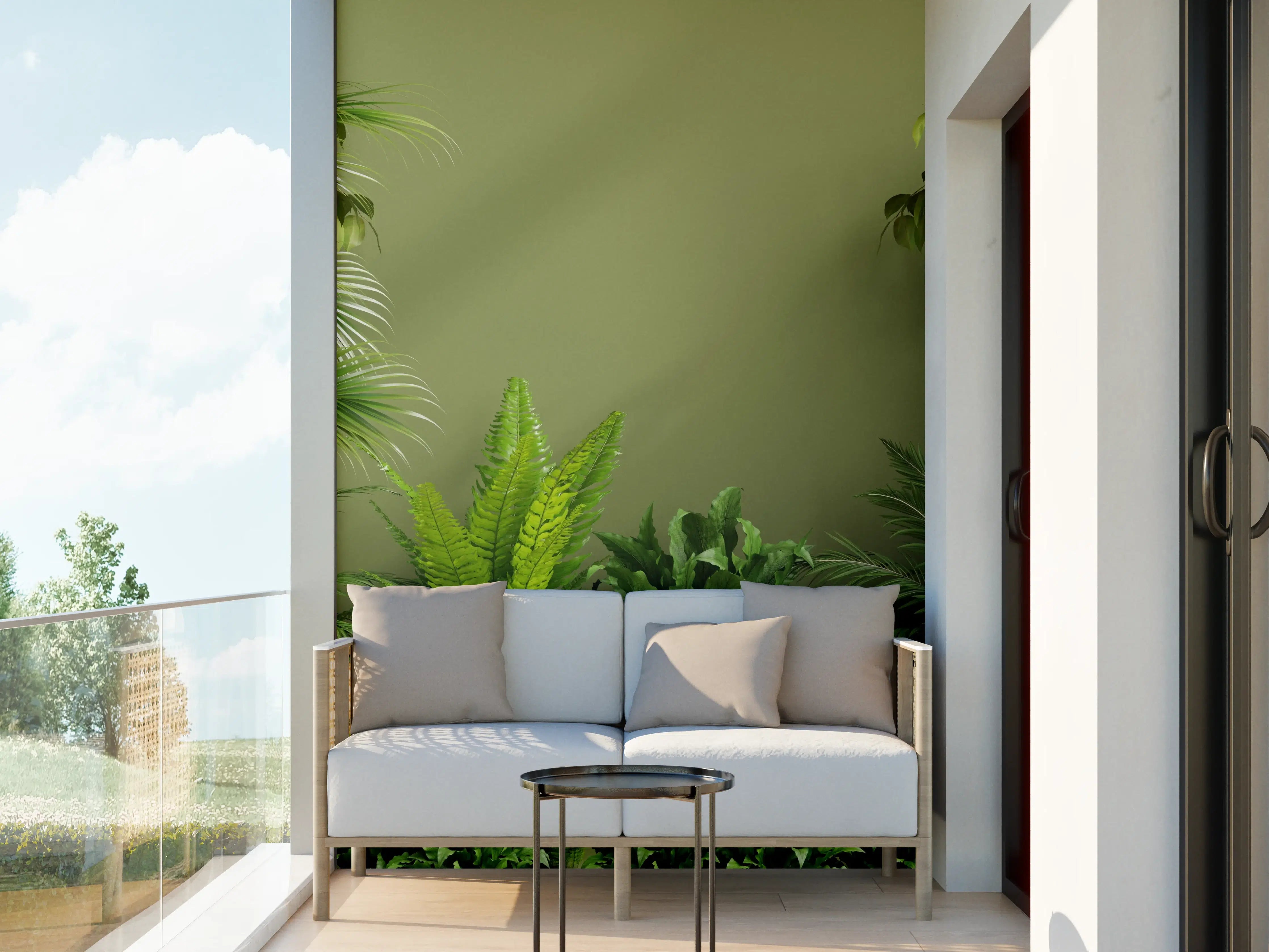 Wandverkleidung außen - Grüne Pflanzen und Naturdeko in Wohnzimmer-Atmosphäre