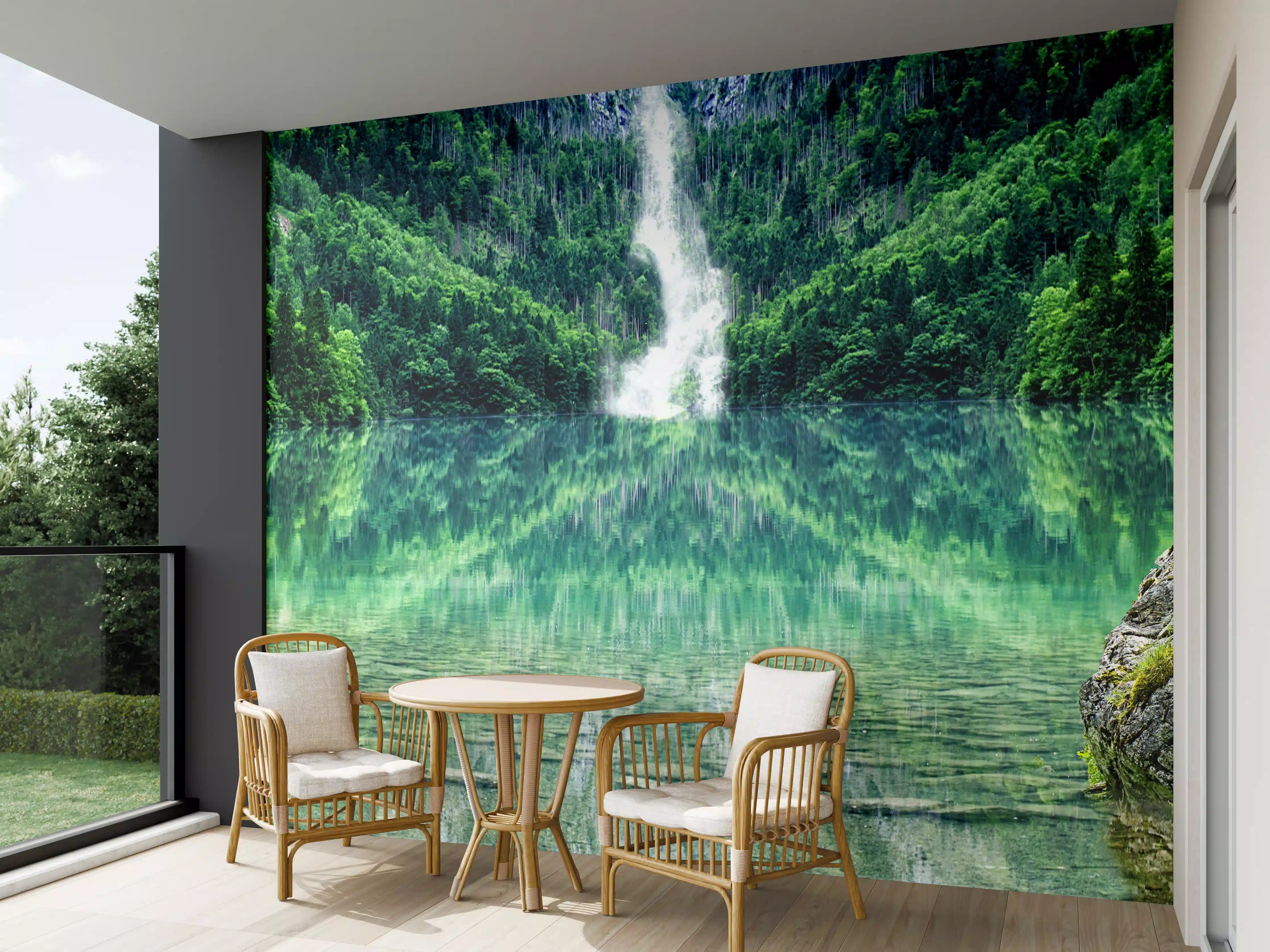 Wandverkleidung außen - Grüner Waldsee mit Wasserfall