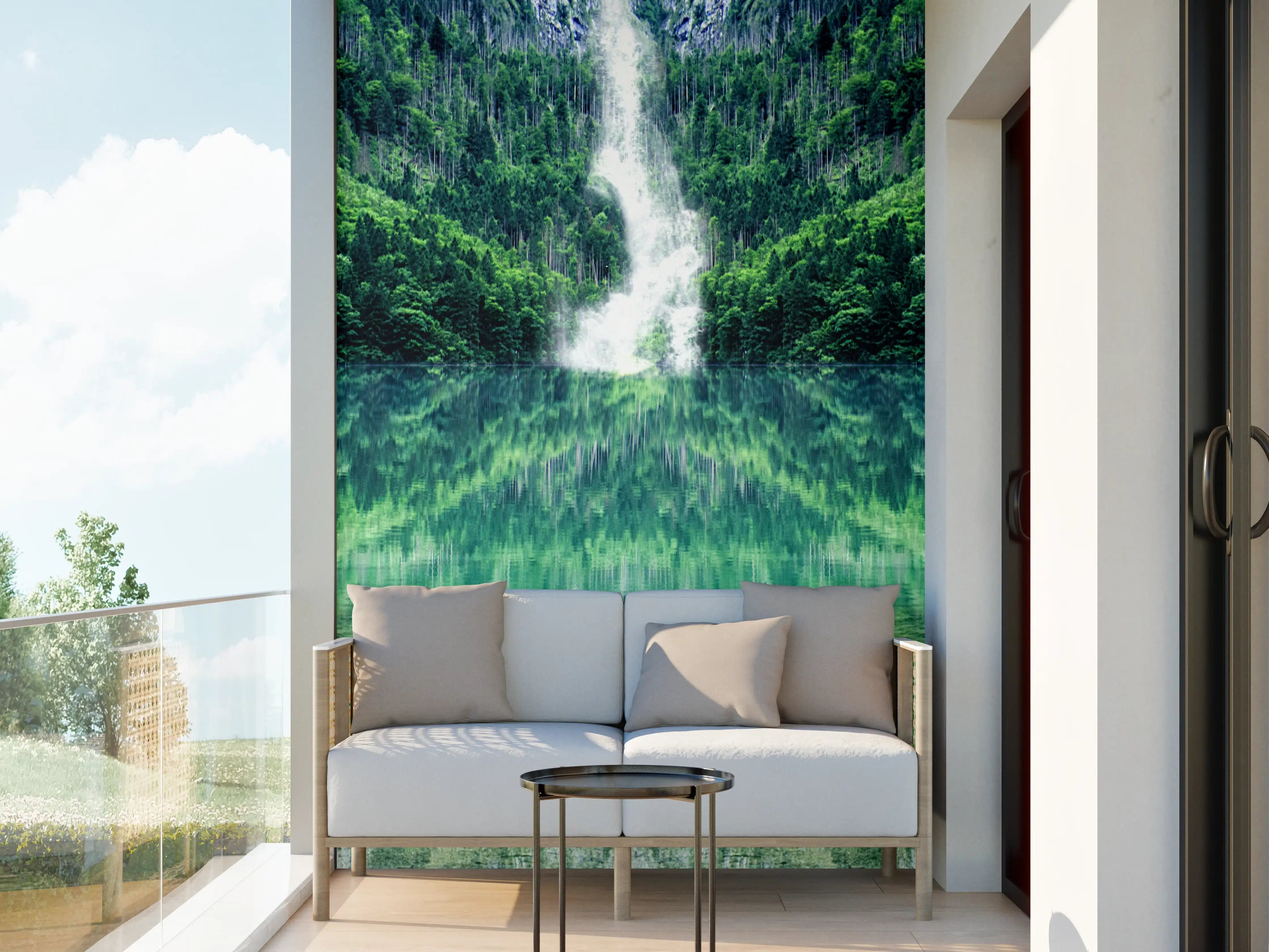 Wandverkleidung außen - Grüner Waldsee mit Wasserfall