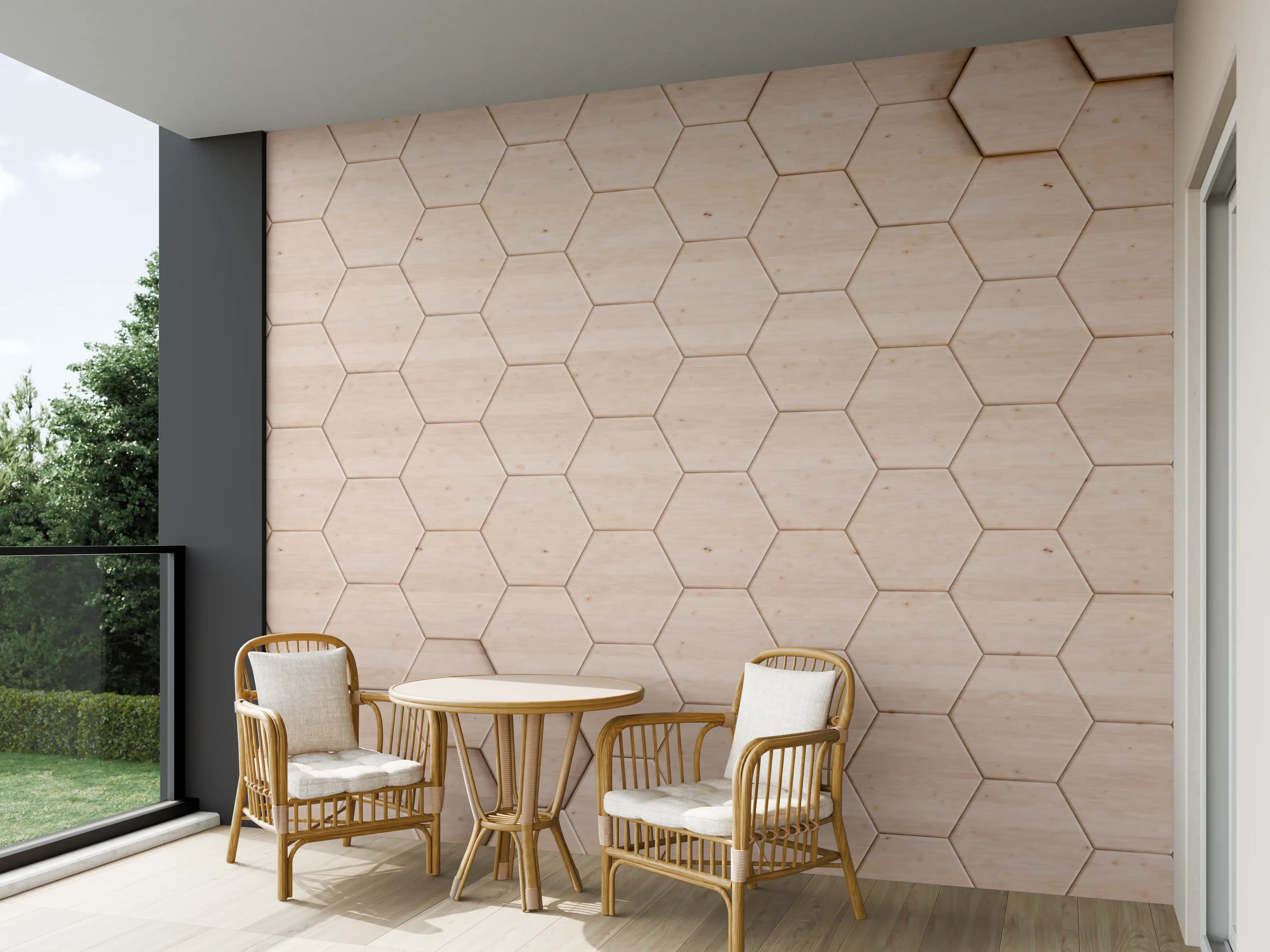 Wandverkleidung außen - Helle Holzhaptik mit Hexagon-Muster