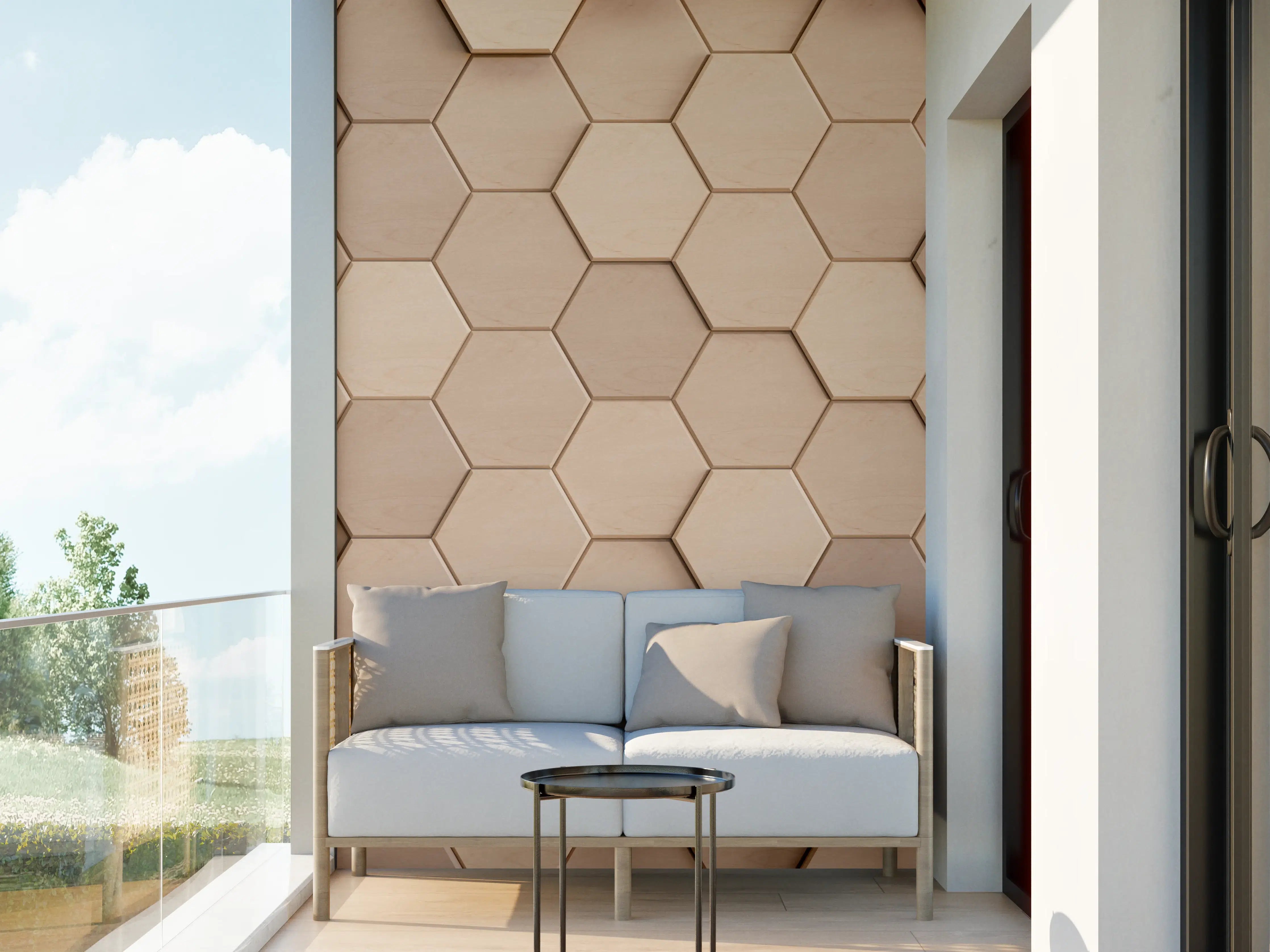 Wandverkleidung außen - Helle Holzwand mit HEXagon-Design
