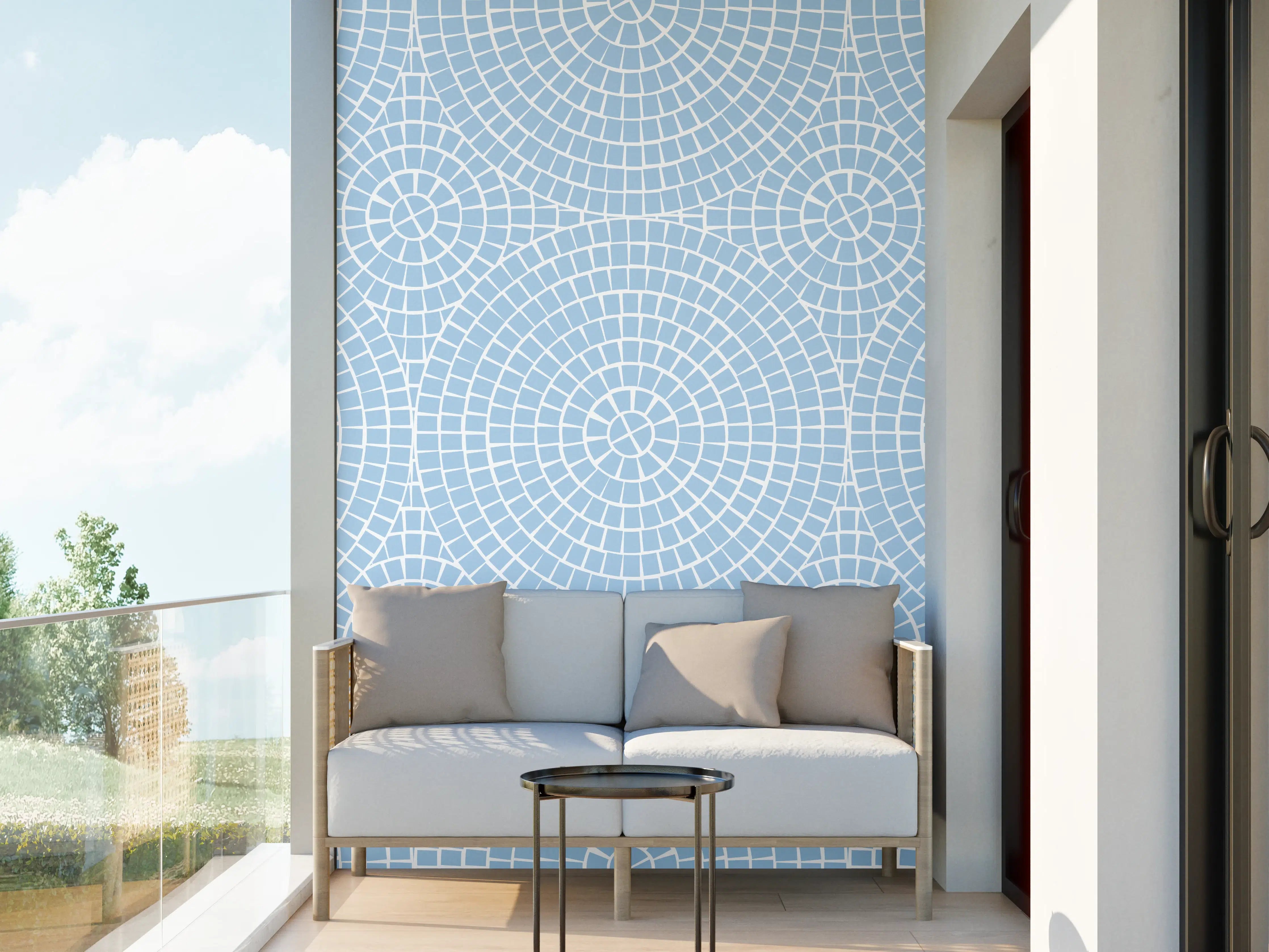 Wandverkleidung außen - Heller Blaumann mit geometrischem Muster