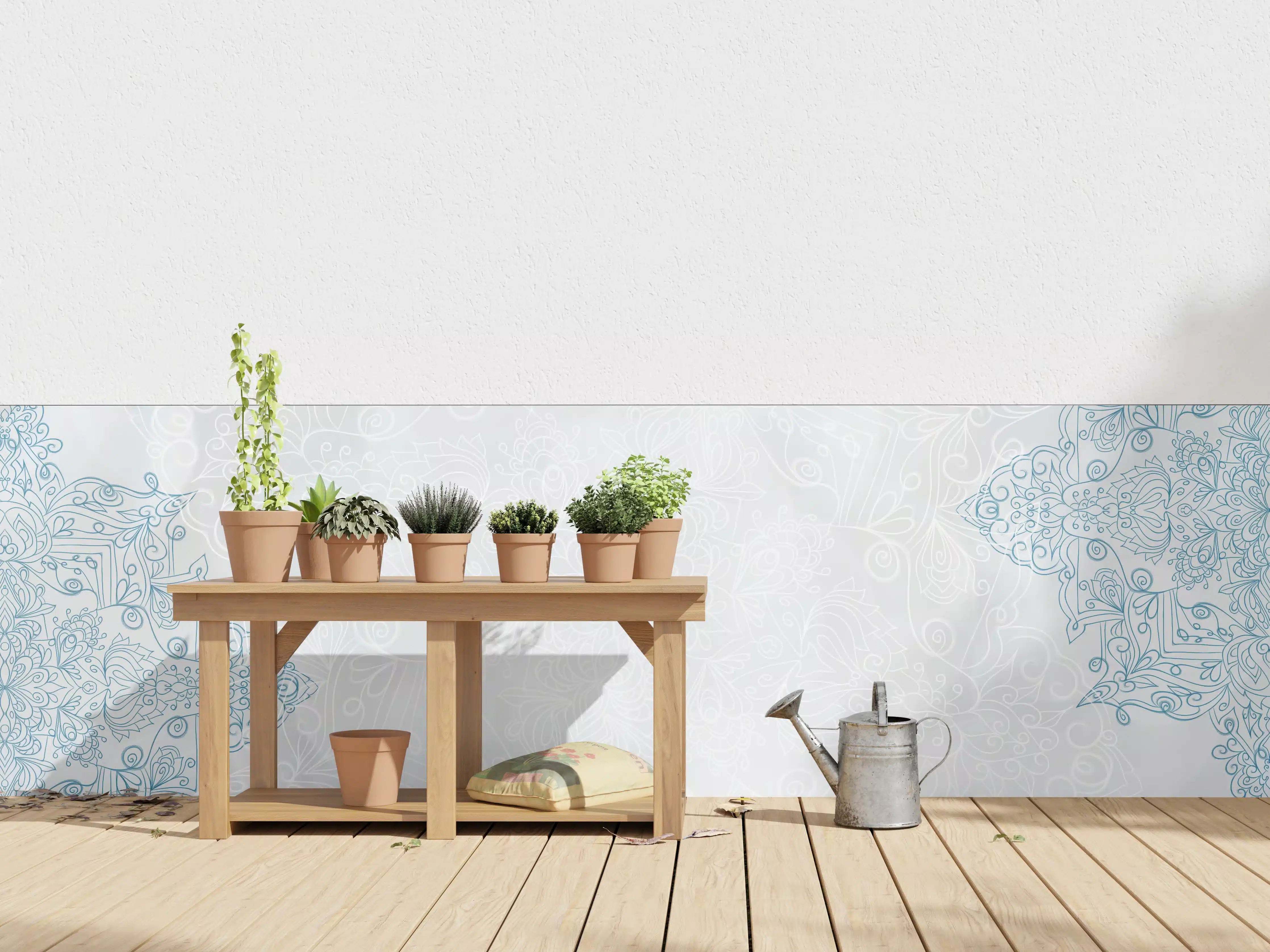 Wandverkleidung außen - Heller Wandteppich mit zarten Blautönen und floralen Mustern