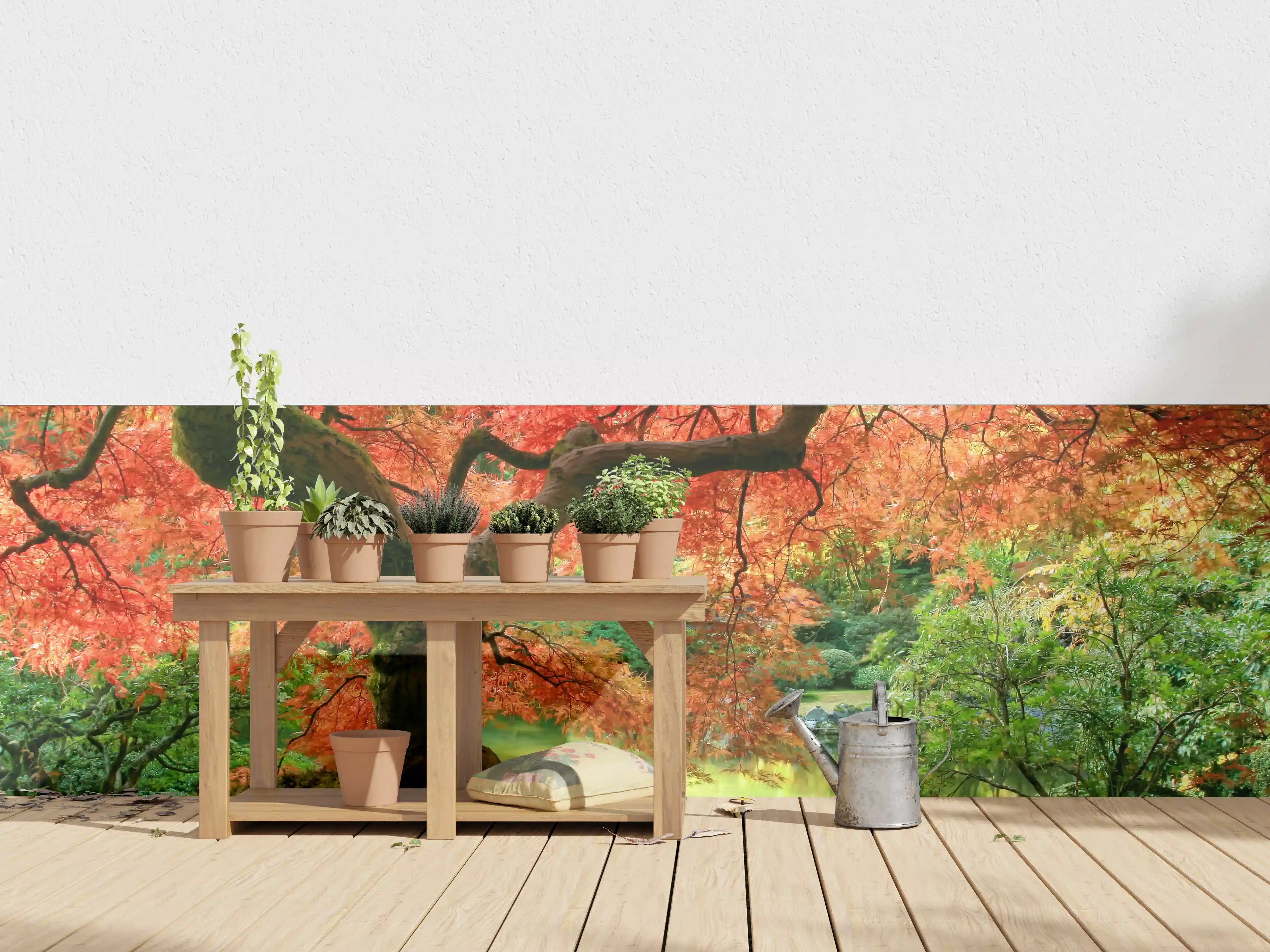 Wandverkleidung außen - Herbstlicher Baum im Garten mit buntem Laub