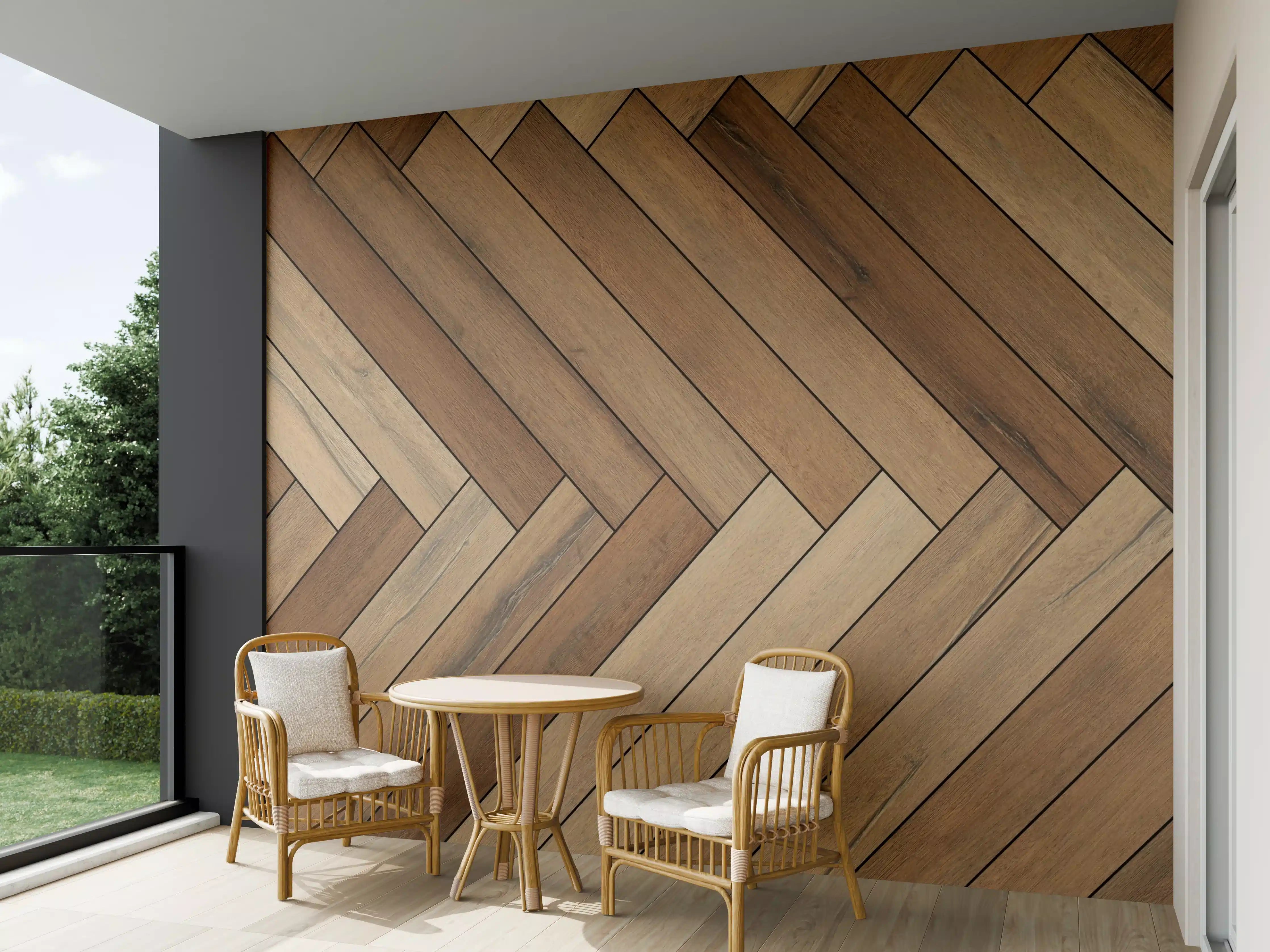 Wandverkleidung außen - Herringbone-Holzboden in warmen Brauntönen