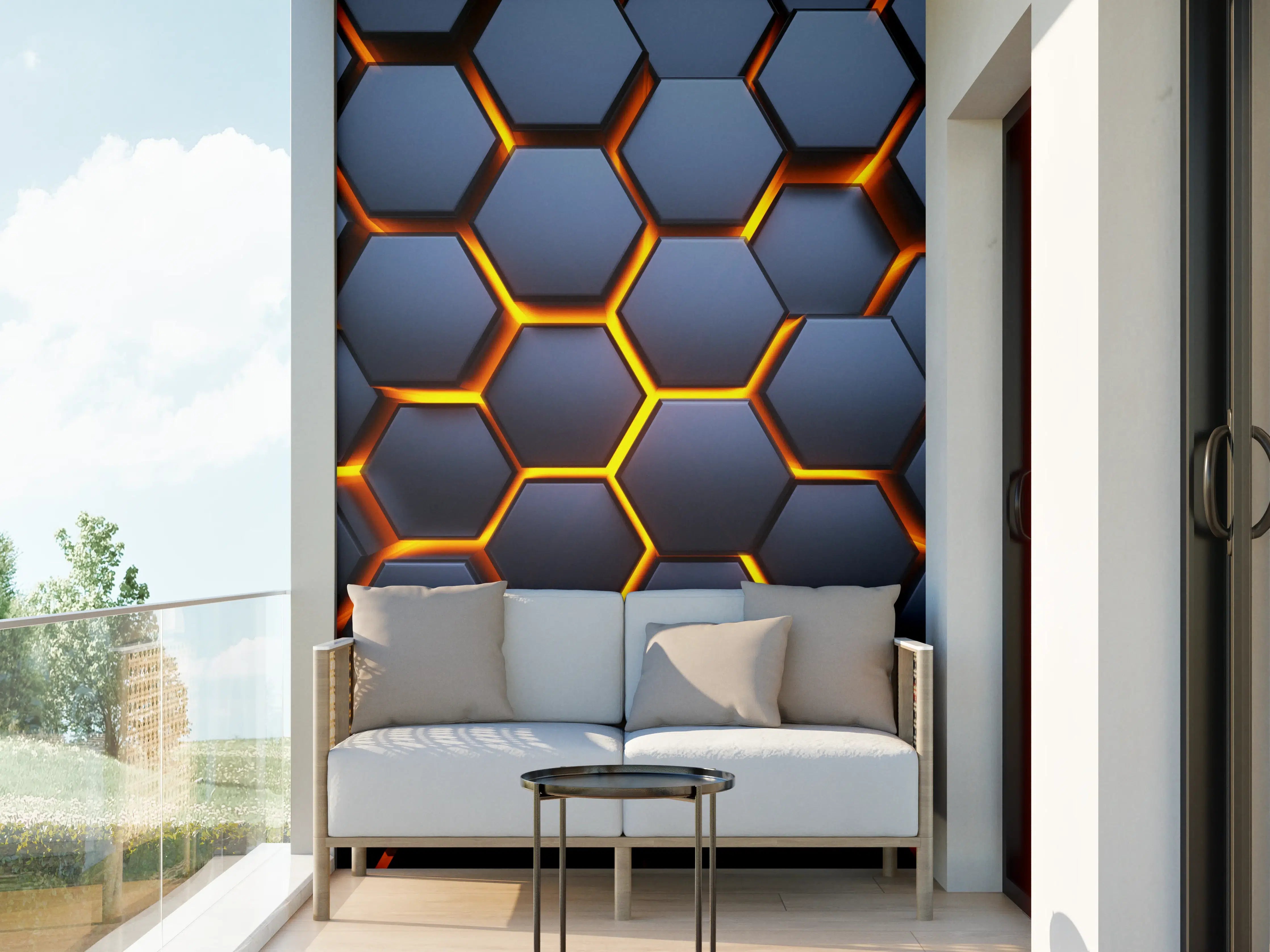 Wandverkleidung außen - Hexagon-Muster in Blau-Orange