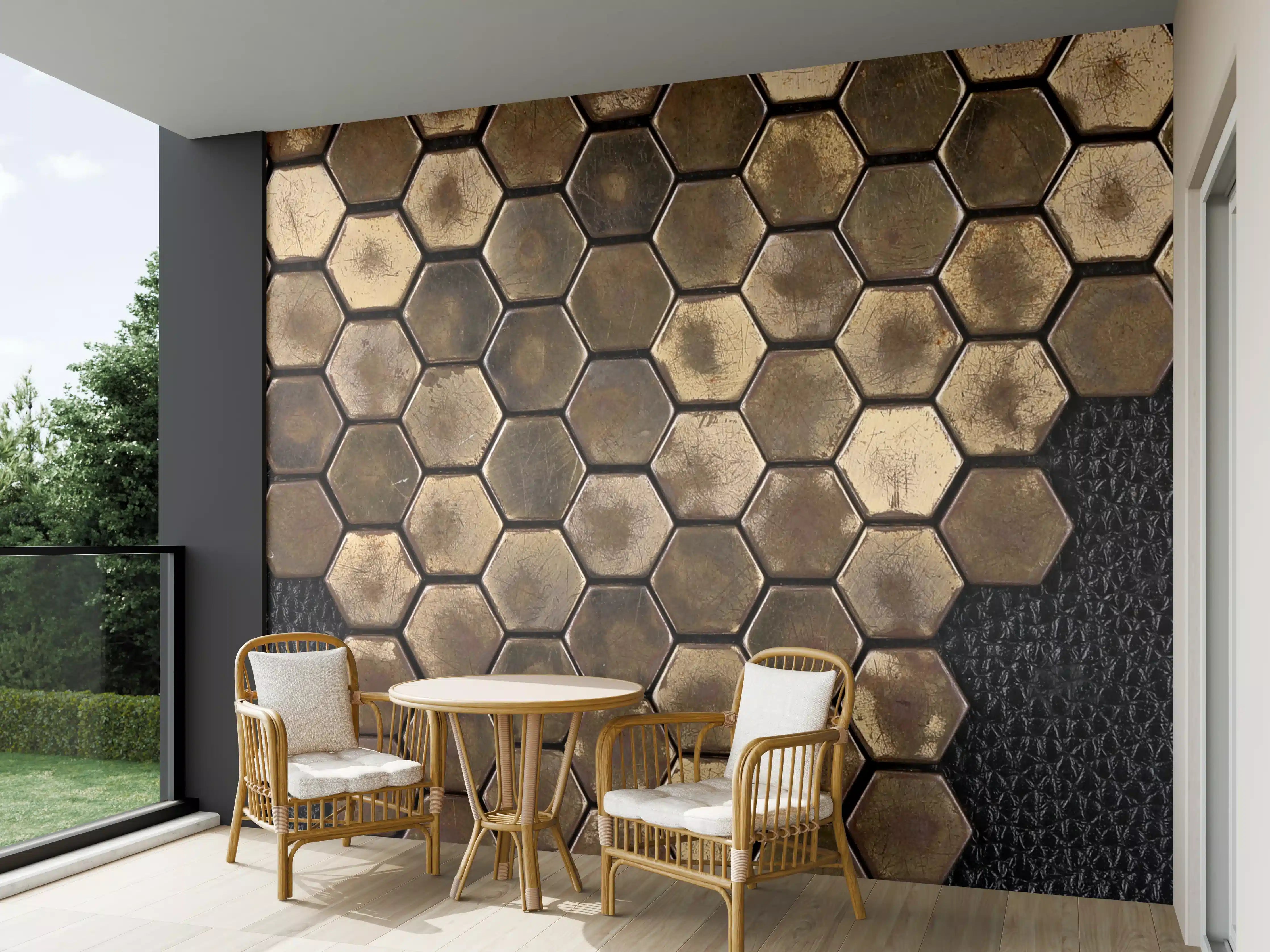 Wandverkleidung außen - Hexagonale Holzstruktur in warmen Tönen