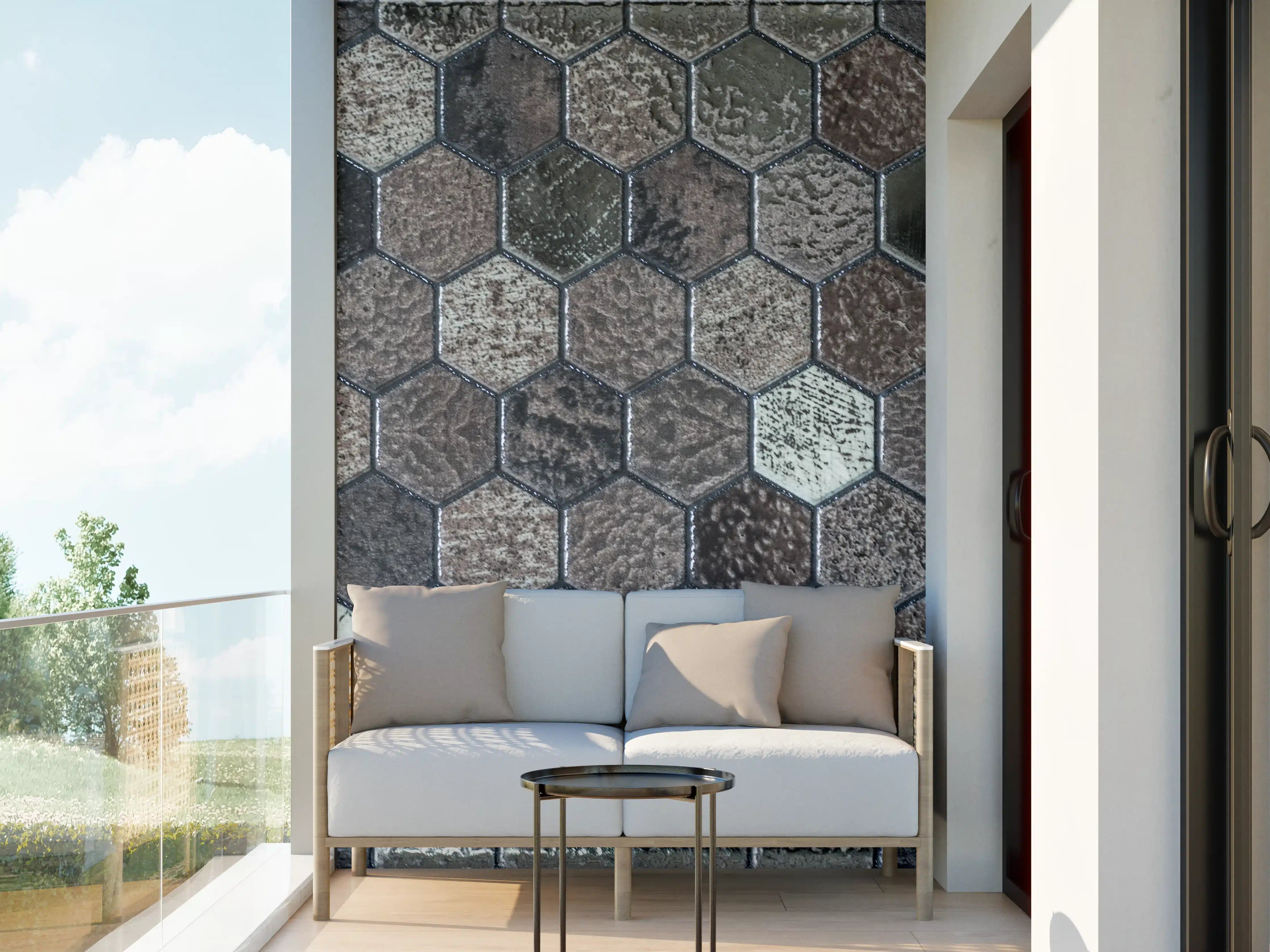 Wandverkleidung außen - Hexagonale Steinmosaik in Erdtönen