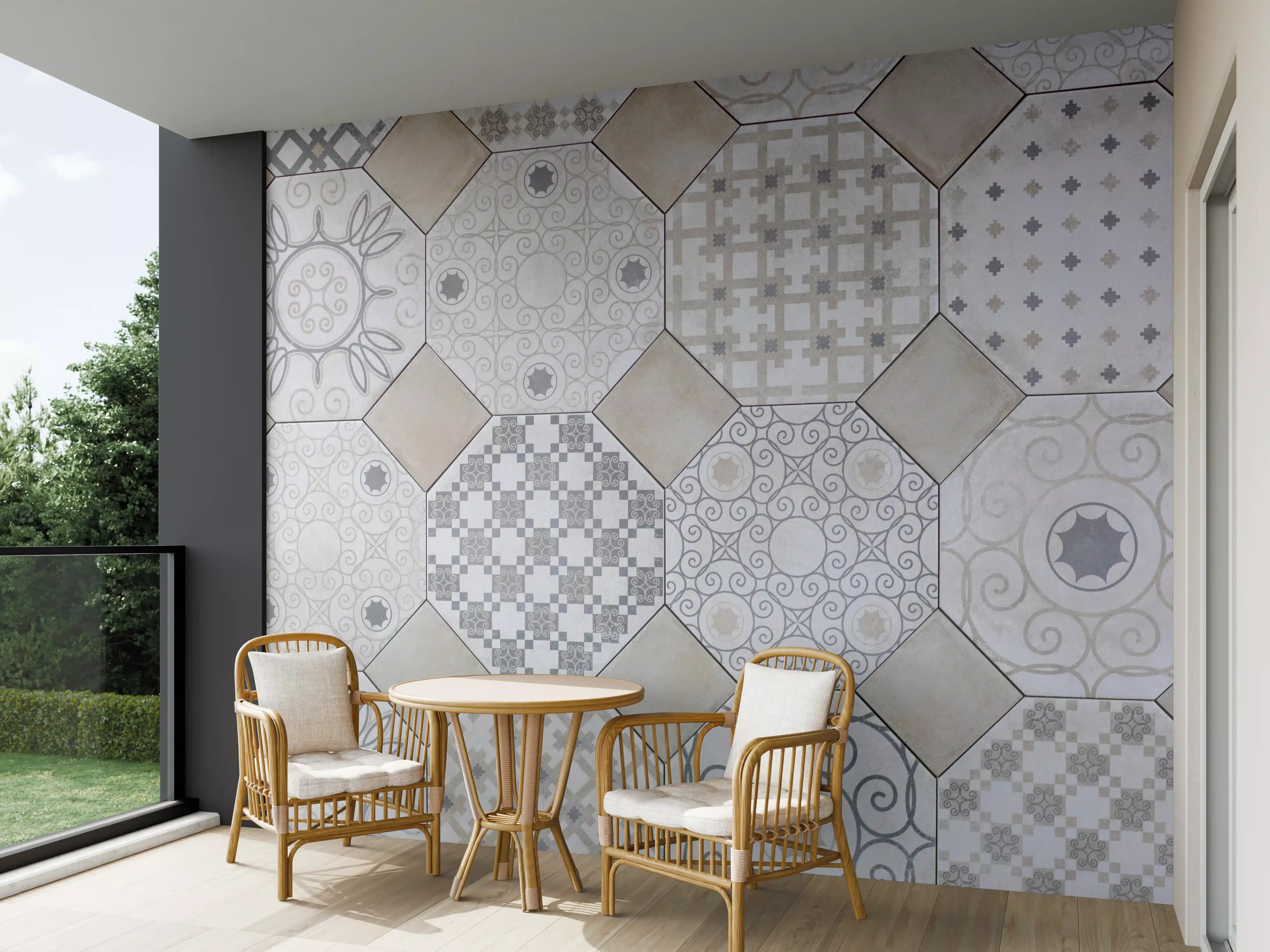 Wandverkleidung außen - Hexagonale Weiß-Grau Fliesenmuster