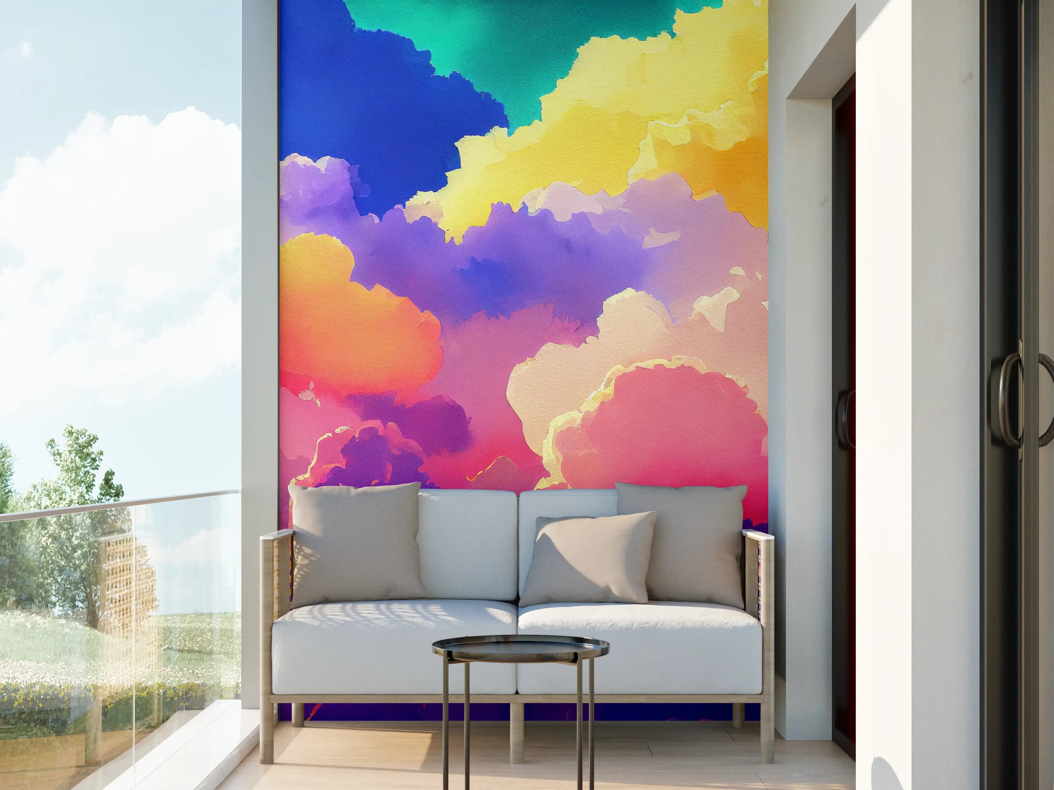 Wandverkleidung außen - Himmel mit Wolken. Aquarell Illustration von farbigen Wolken.