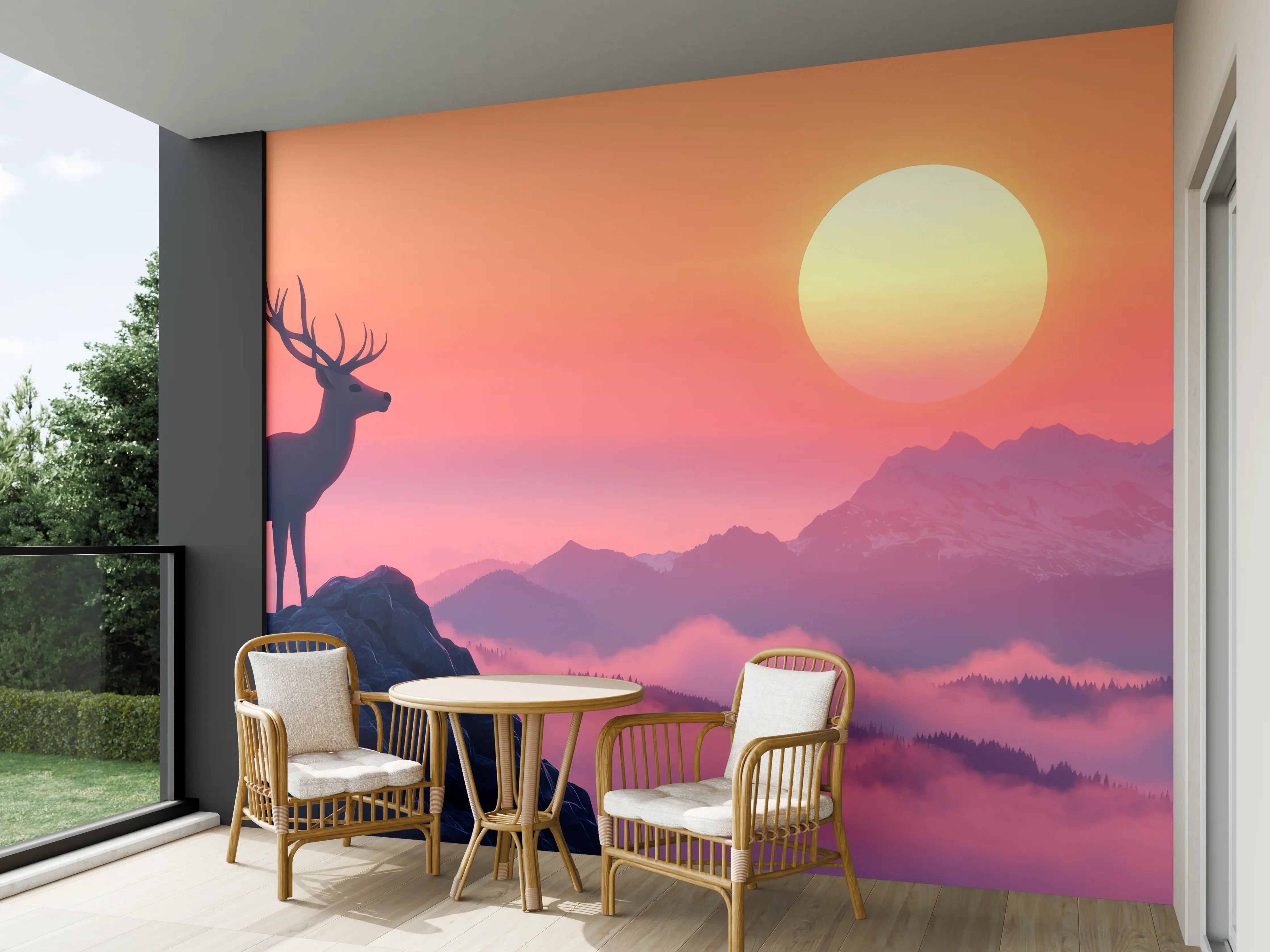Wandverkleidung außen - Hirsch-Silhouette Sonnenaufgang Orange-Pink