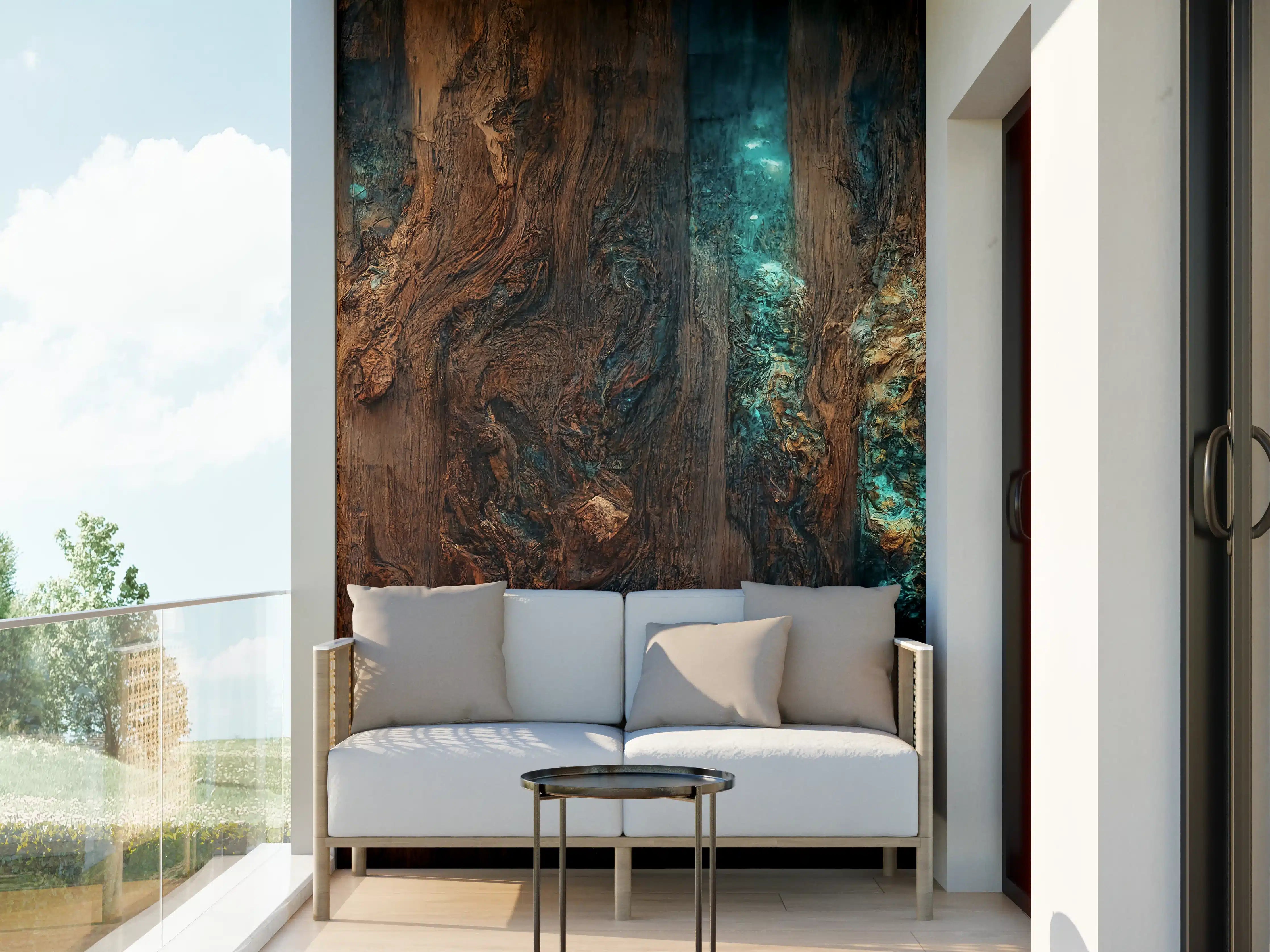 Wandverkleidung außen - Holztisch mit blauen Epoxidharz