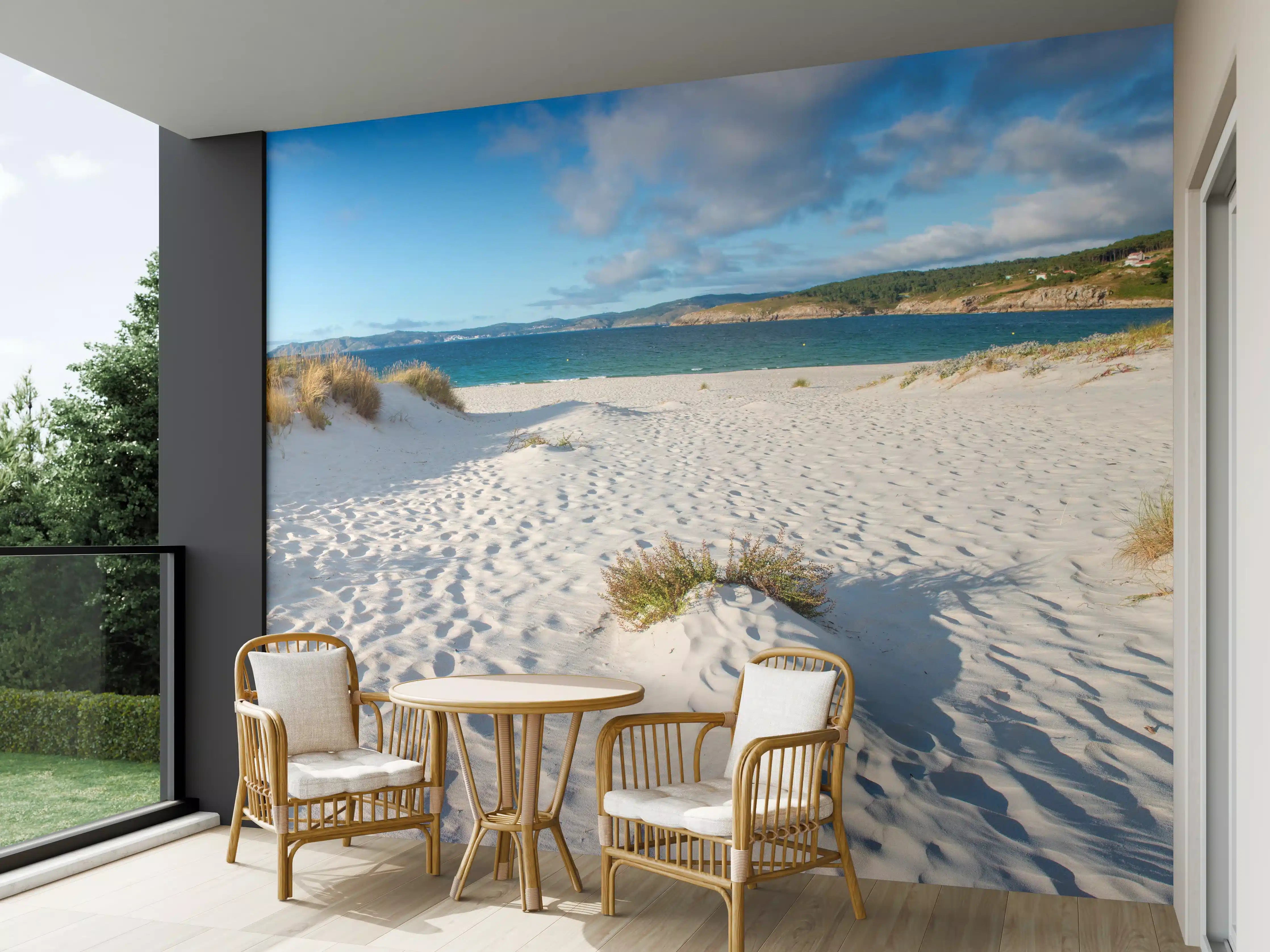 Wandverkleidung außen - Idyllische Strandlandschaft im sanften Weiß-Blau