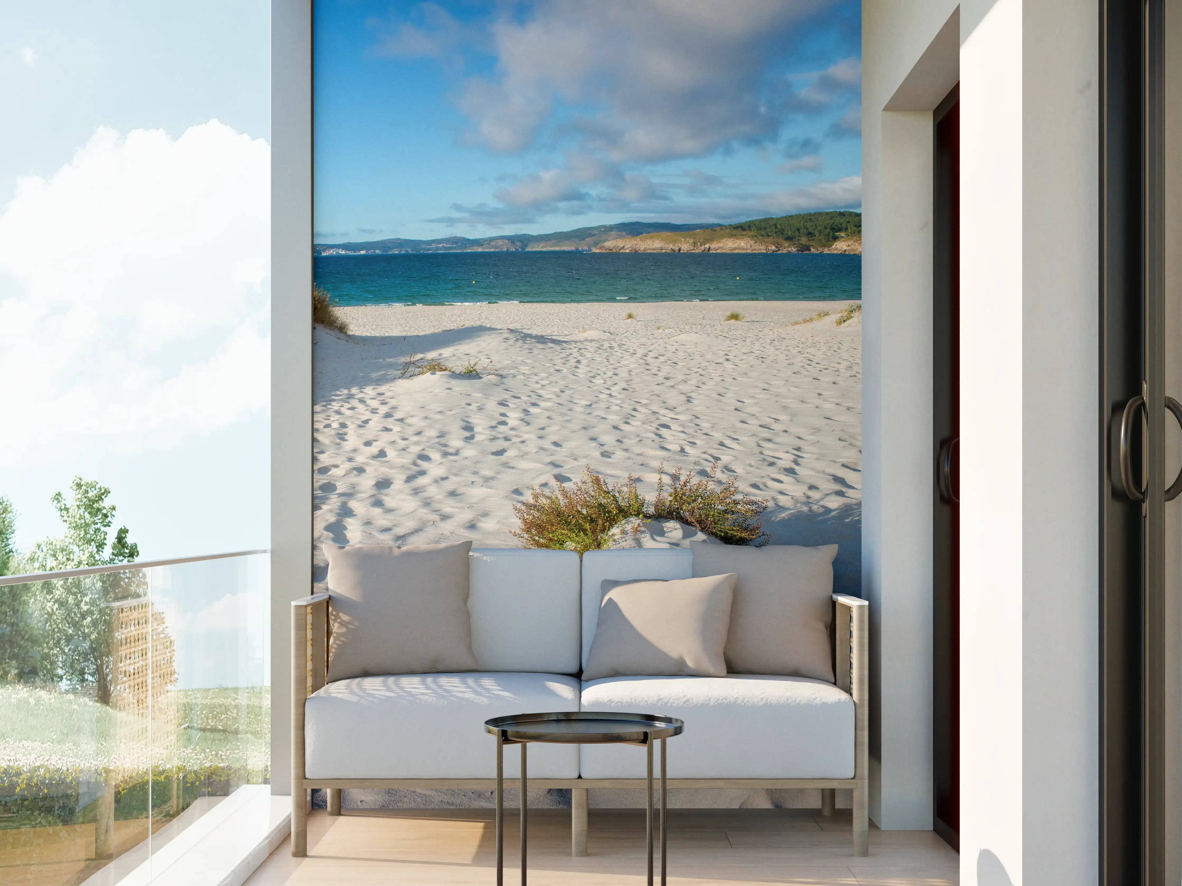 Wandverkleidung außen - Idyllische Strandlandschaft im sanften Weiß-Blau