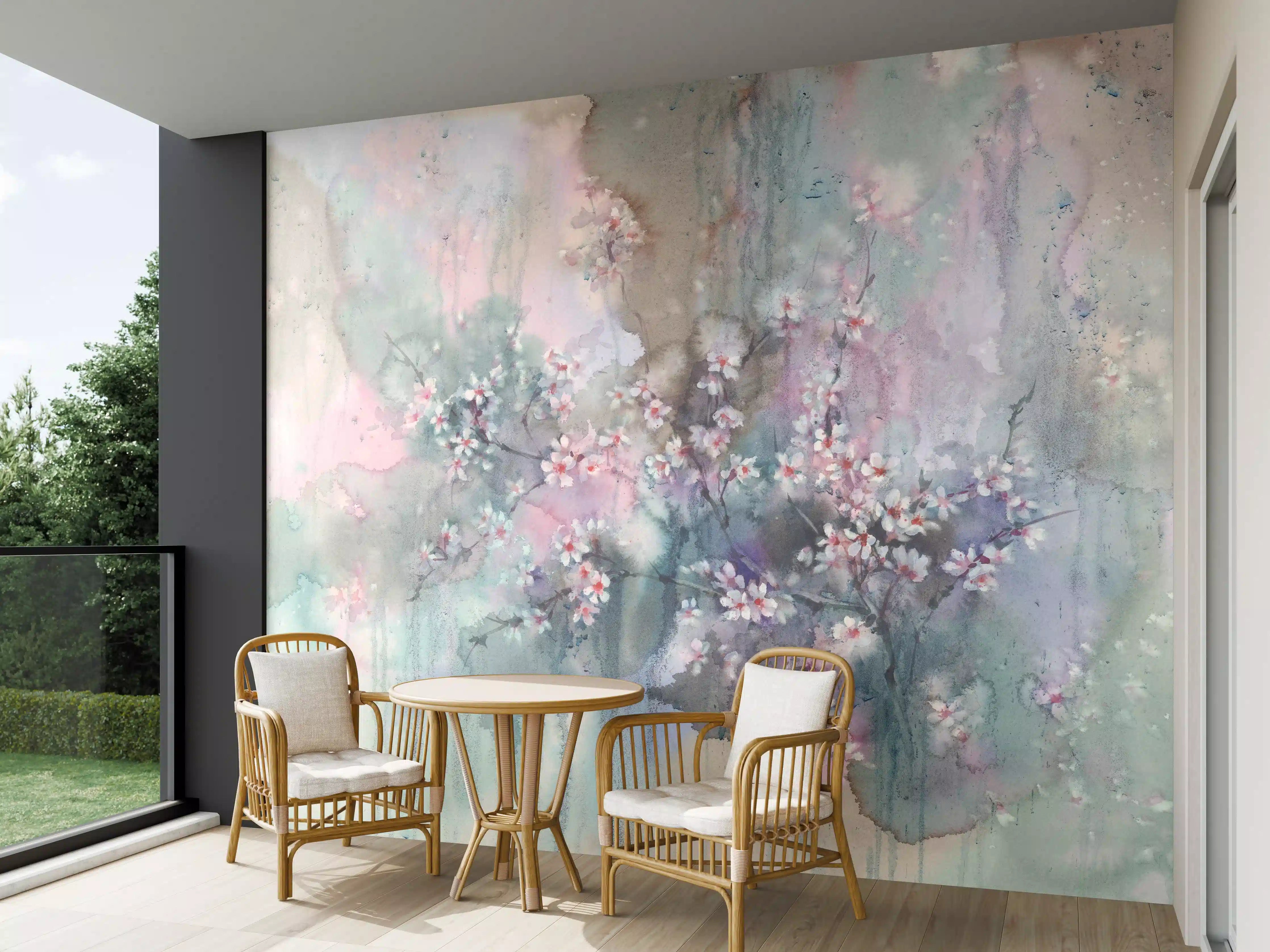 Wandverkleidung außen - Japanische Kirchblüten mit Aquarell Muster