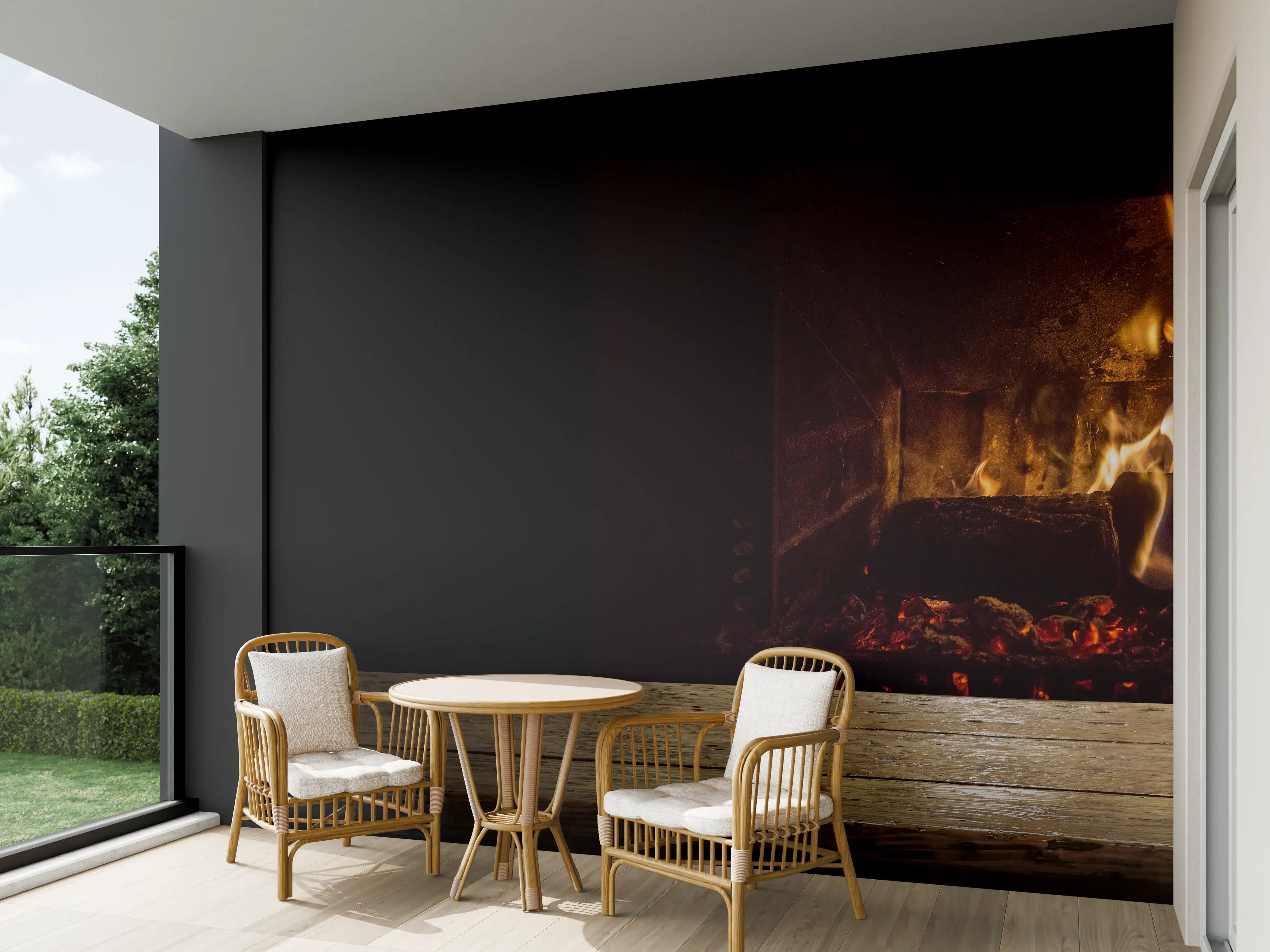 Wandverkleidung außen - Kaminfeuer vor Holztisch