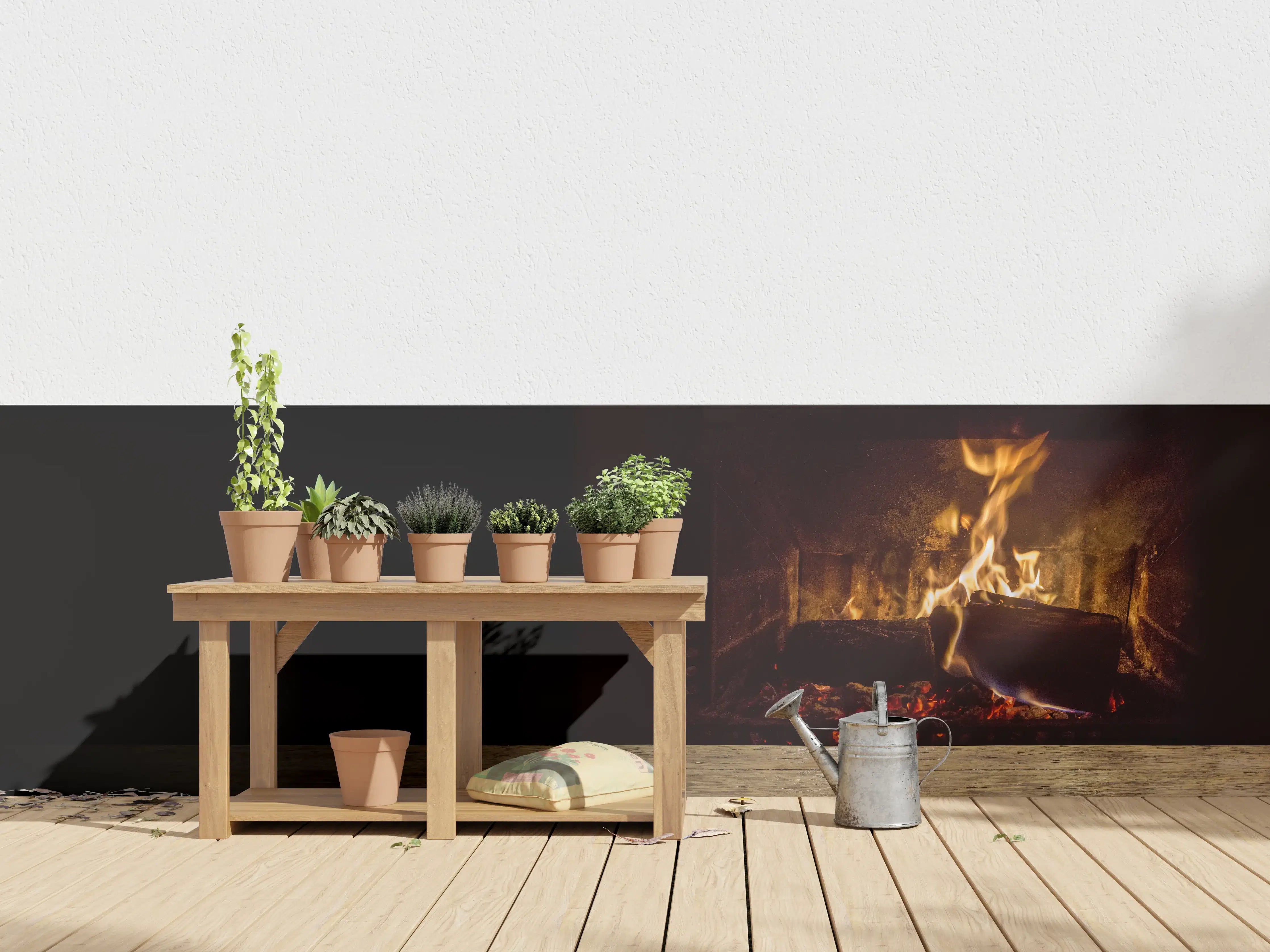 Wandverkleidung außen - Kaminfeuer vor Holztisch