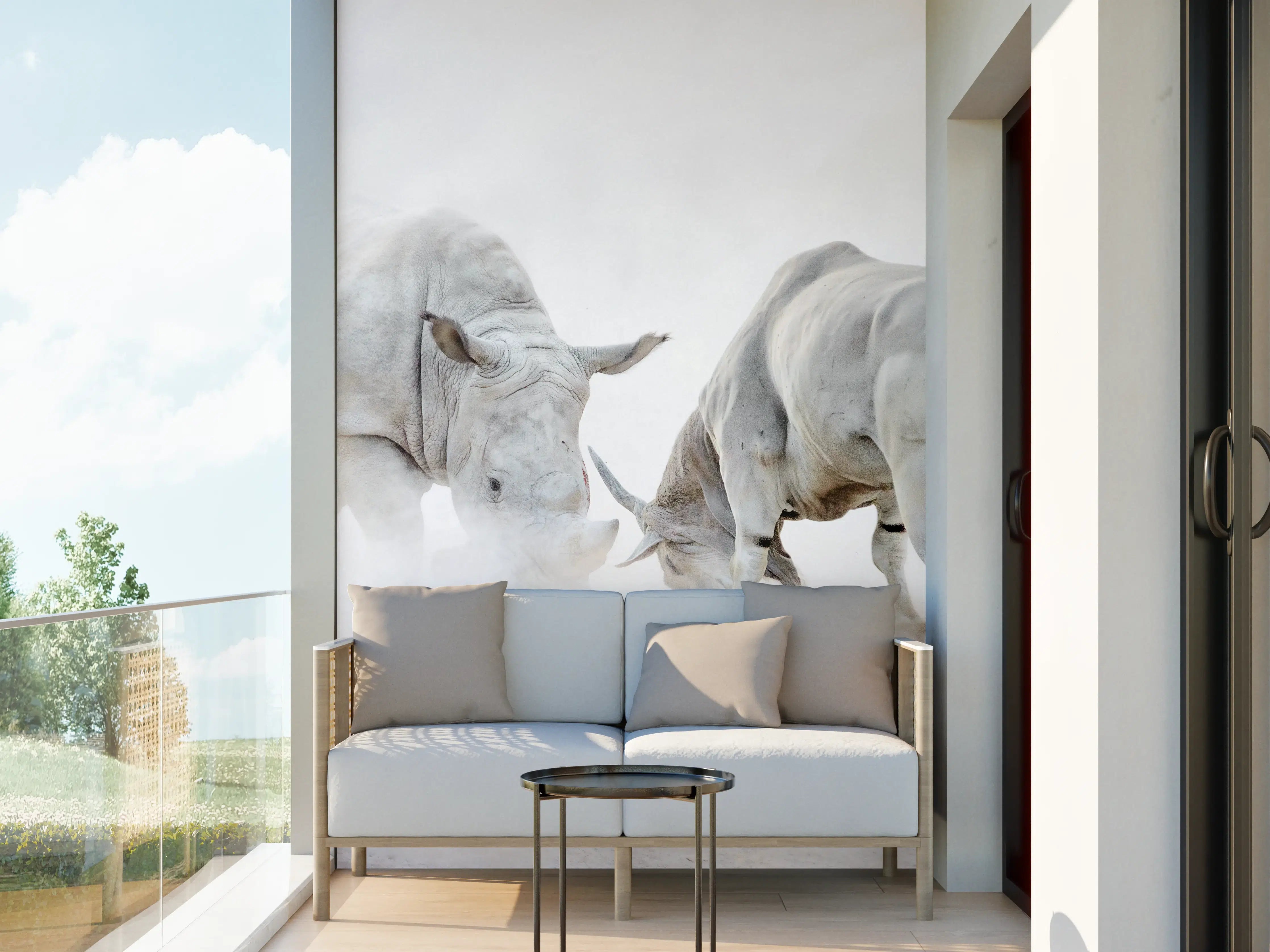 Wandverkleidung außen - Kampf zwischen Nashorn und Oryx