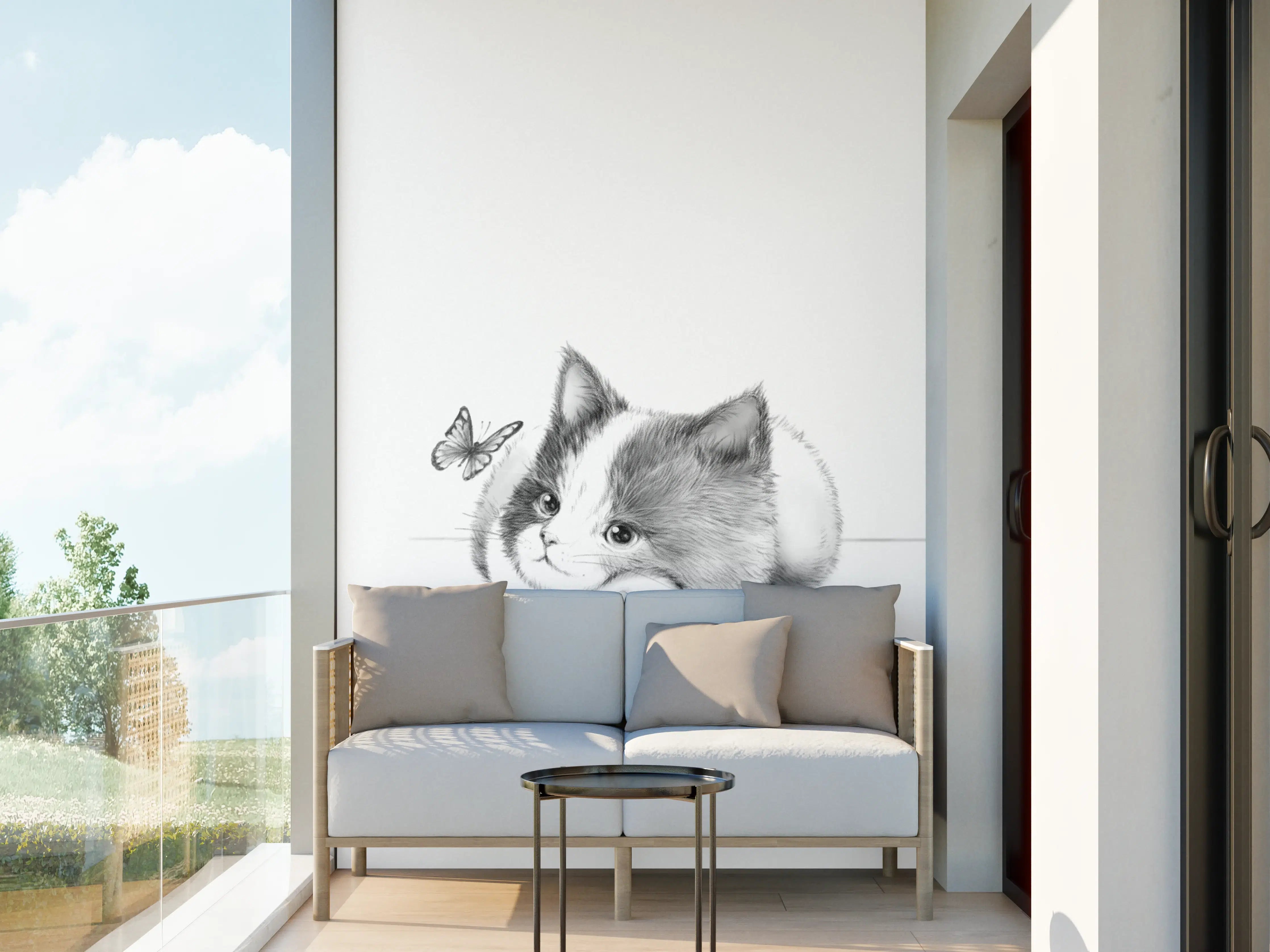 Wandverkleidung außen - Kindermotiv einer Katze - Schwarz-weiß