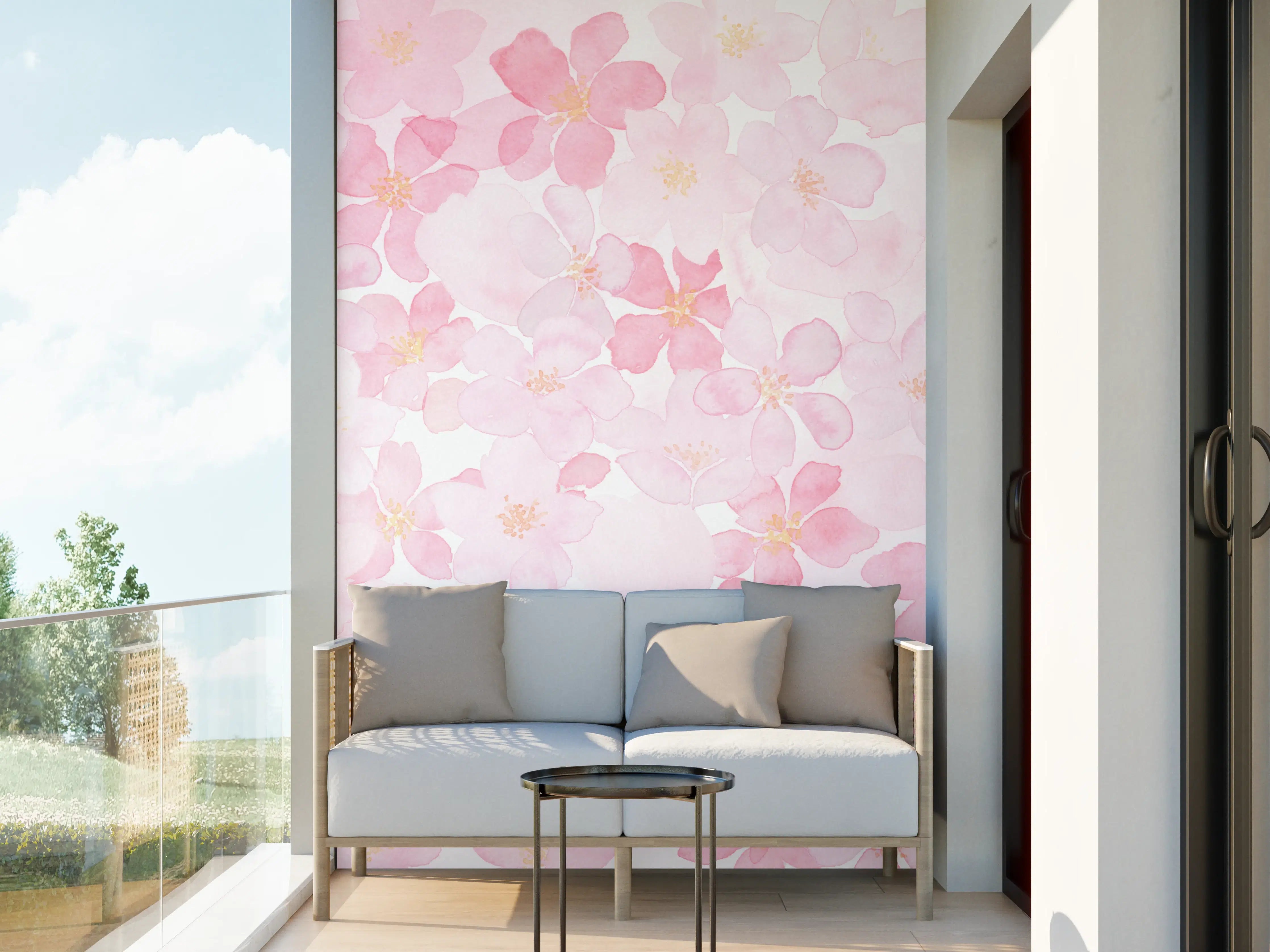 Wandverkleidung außen - Kirschblüten auf weißem Hintergrund