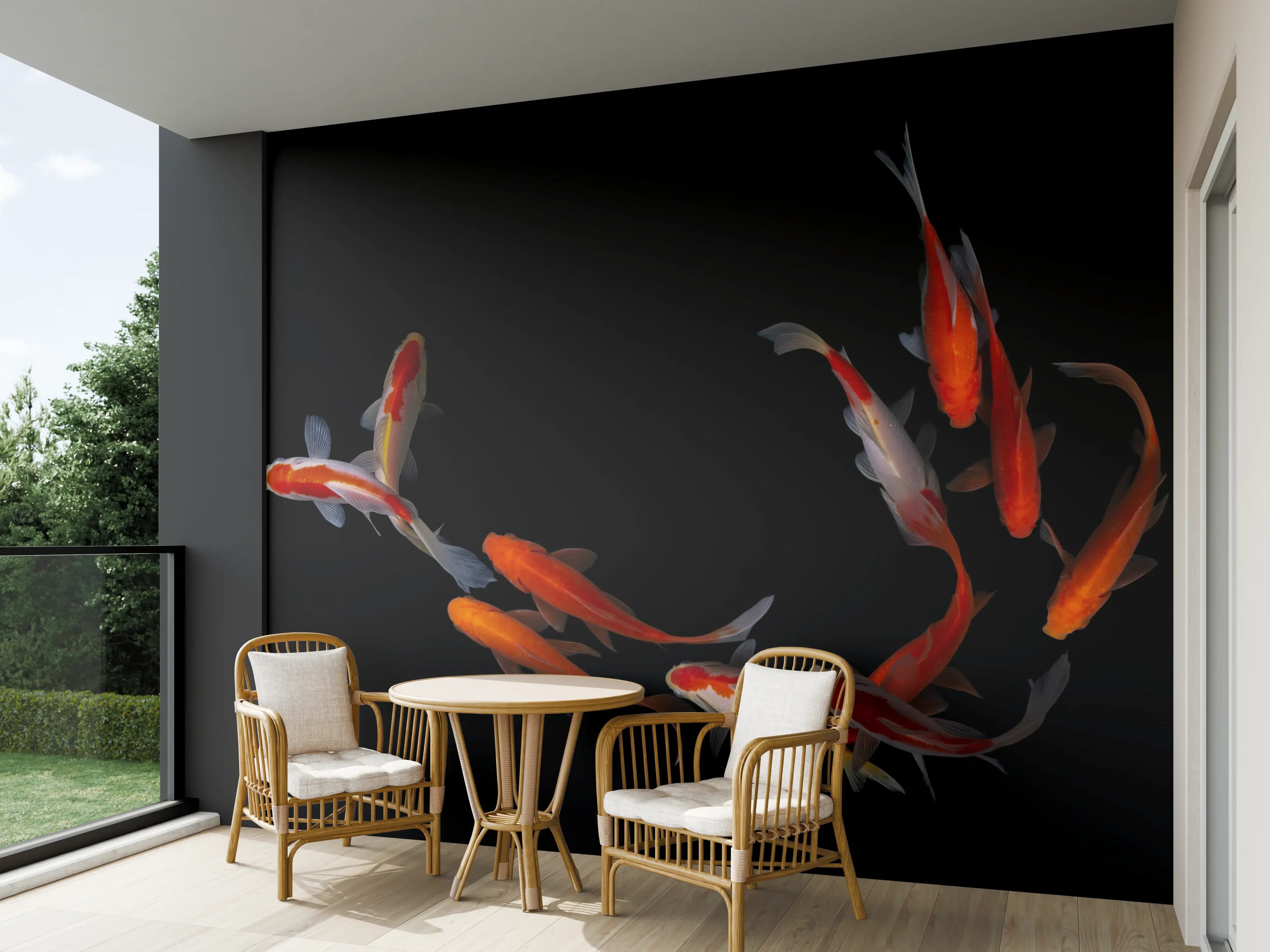 Wandverkleidung außen - Koi Fische auf schwarzem Hintergrund