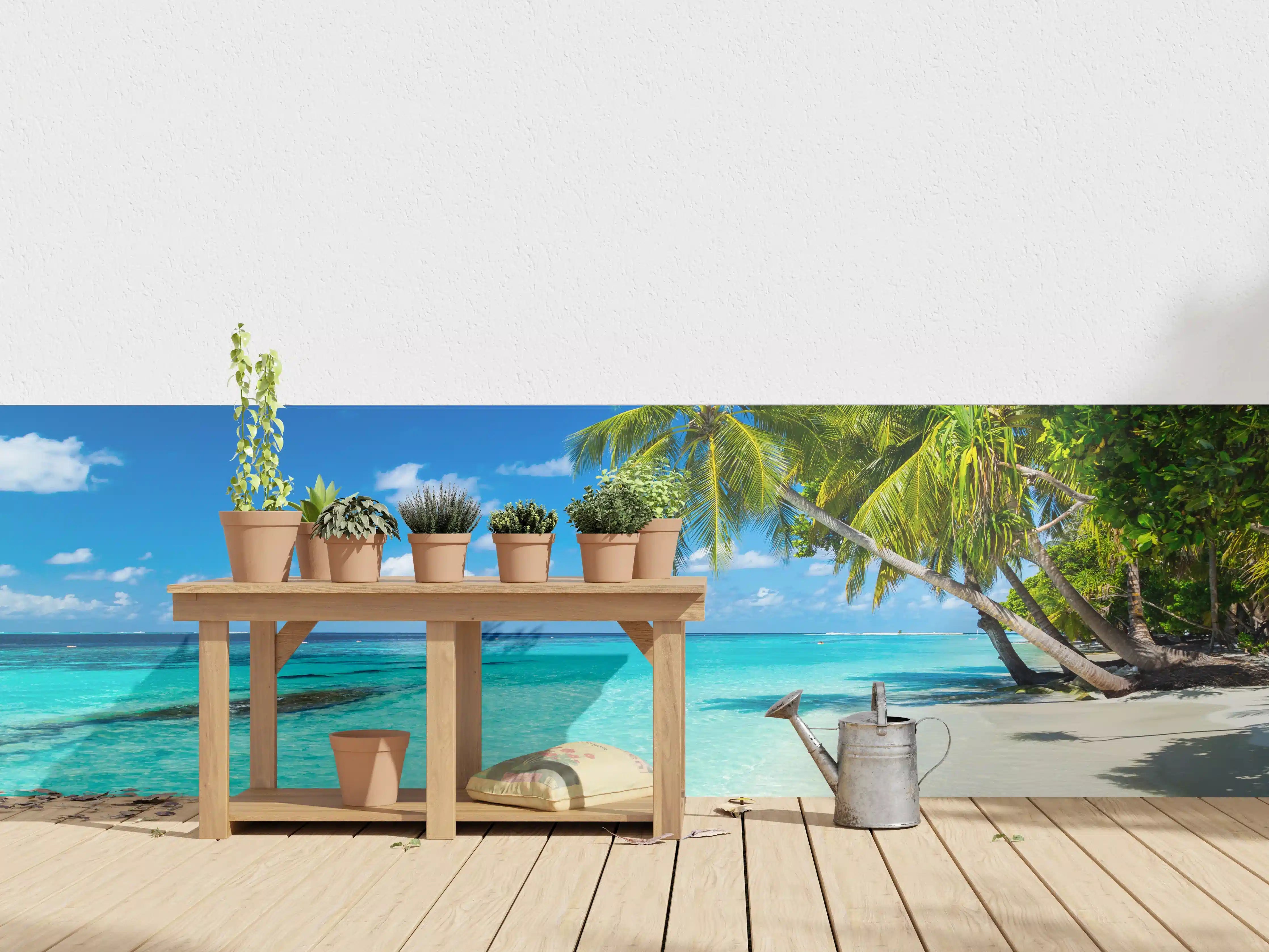 Wandverkleidung außen - Kokospalmen am Strand in der Karibik