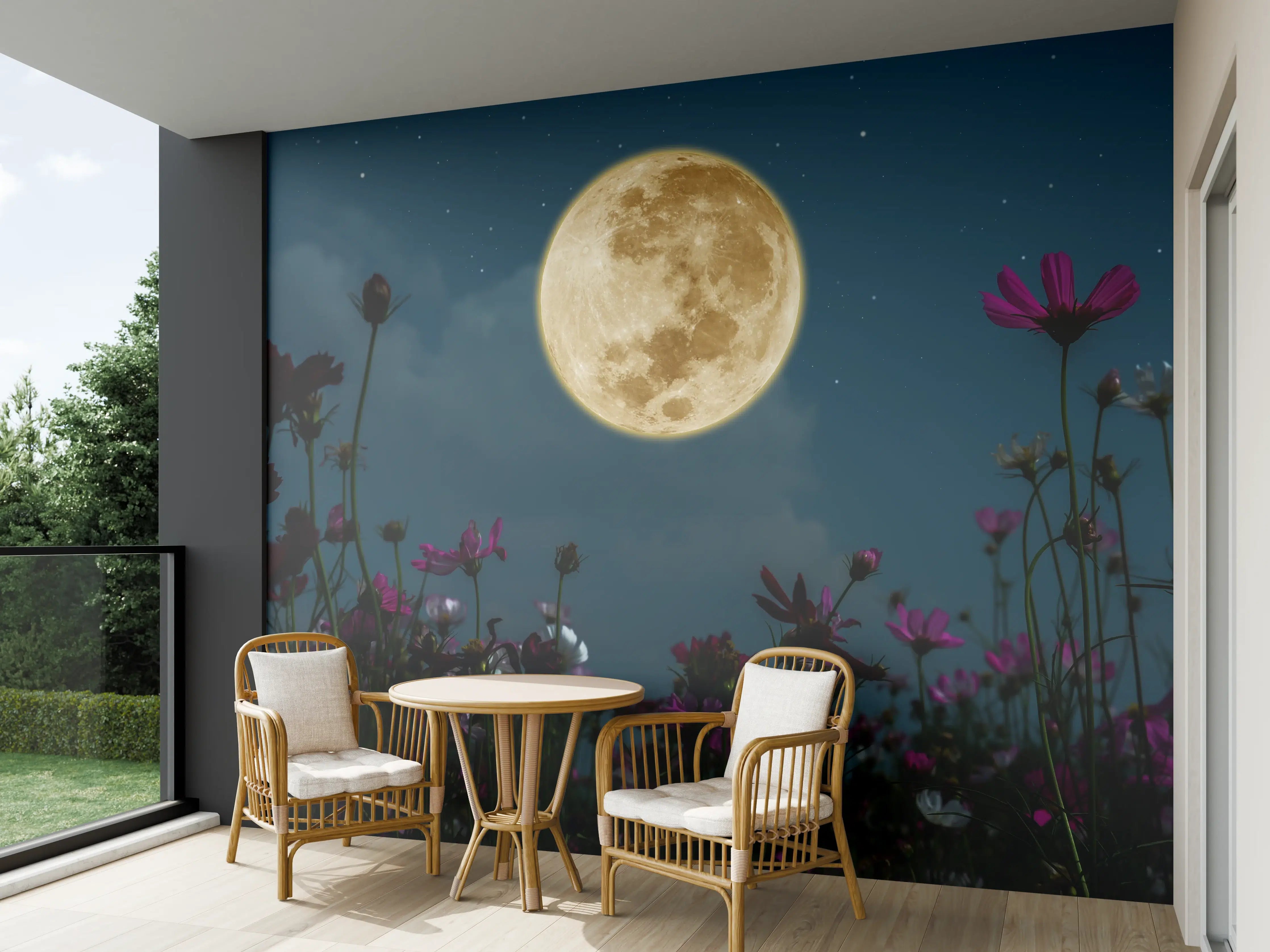 Wandverkleidung außen - Kosmosblüten bei Vollmond