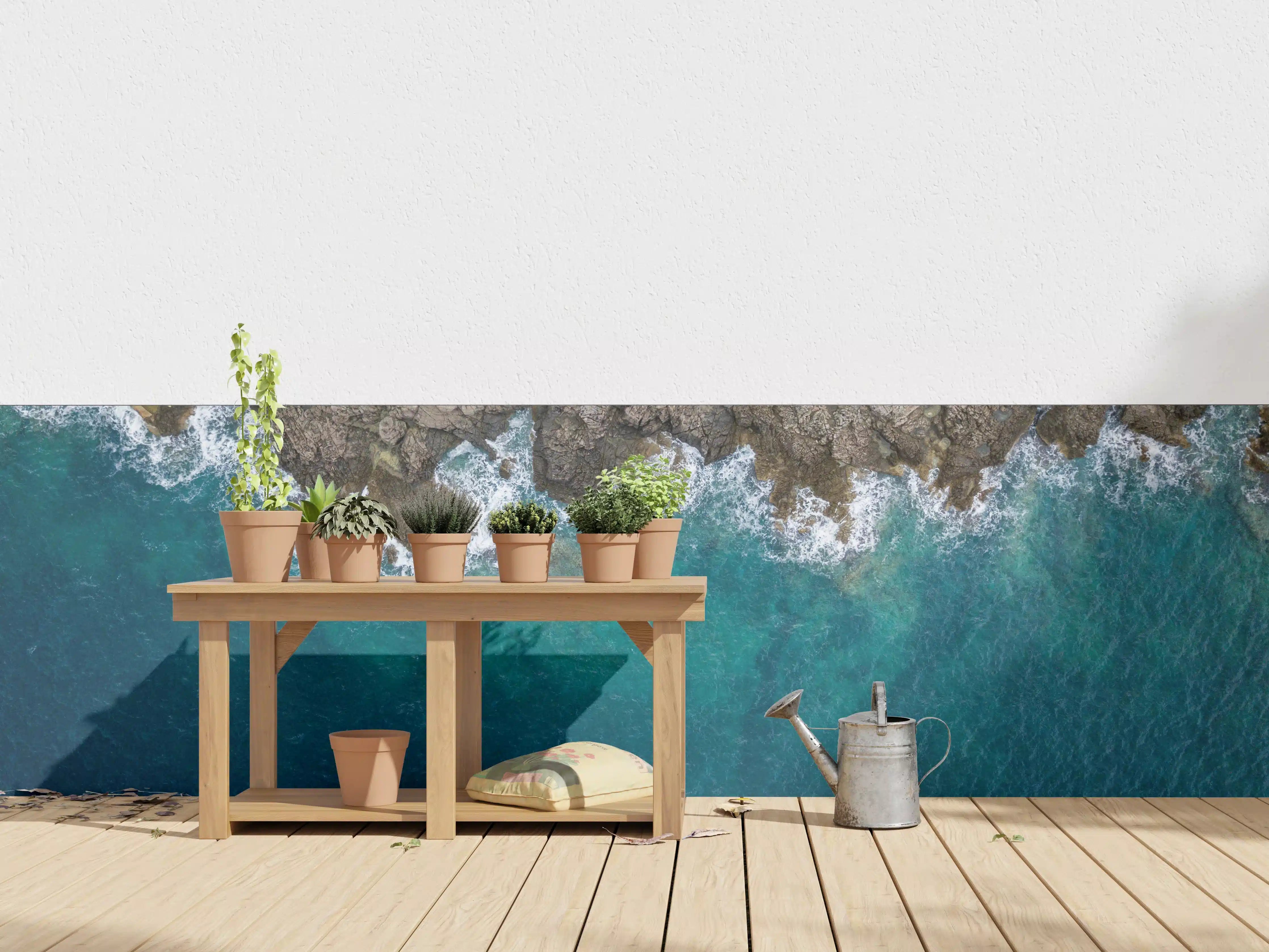 Wandverkleidung außen - Küstliche Klippen und Meer in Blau