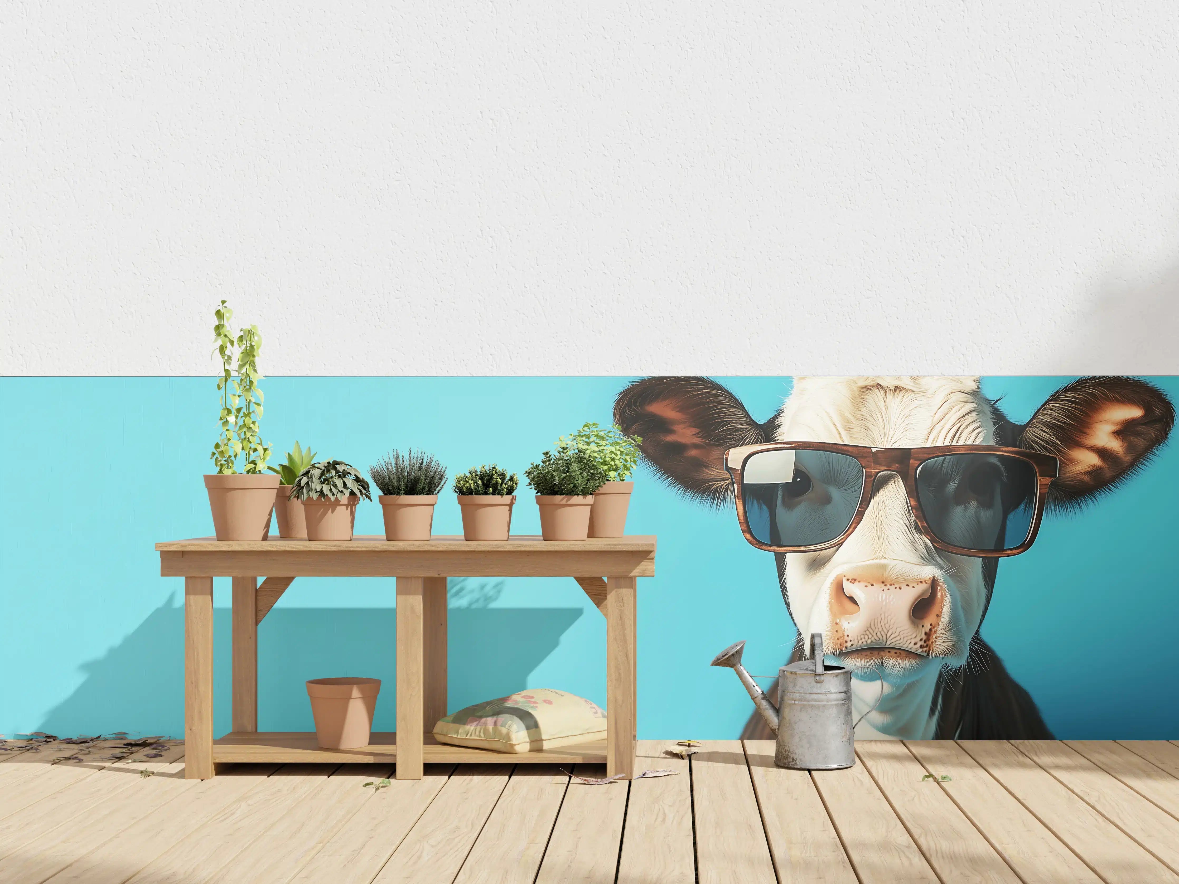 Wandverkleidung außen - Kuh mit Sonnenbrille, Türkis
