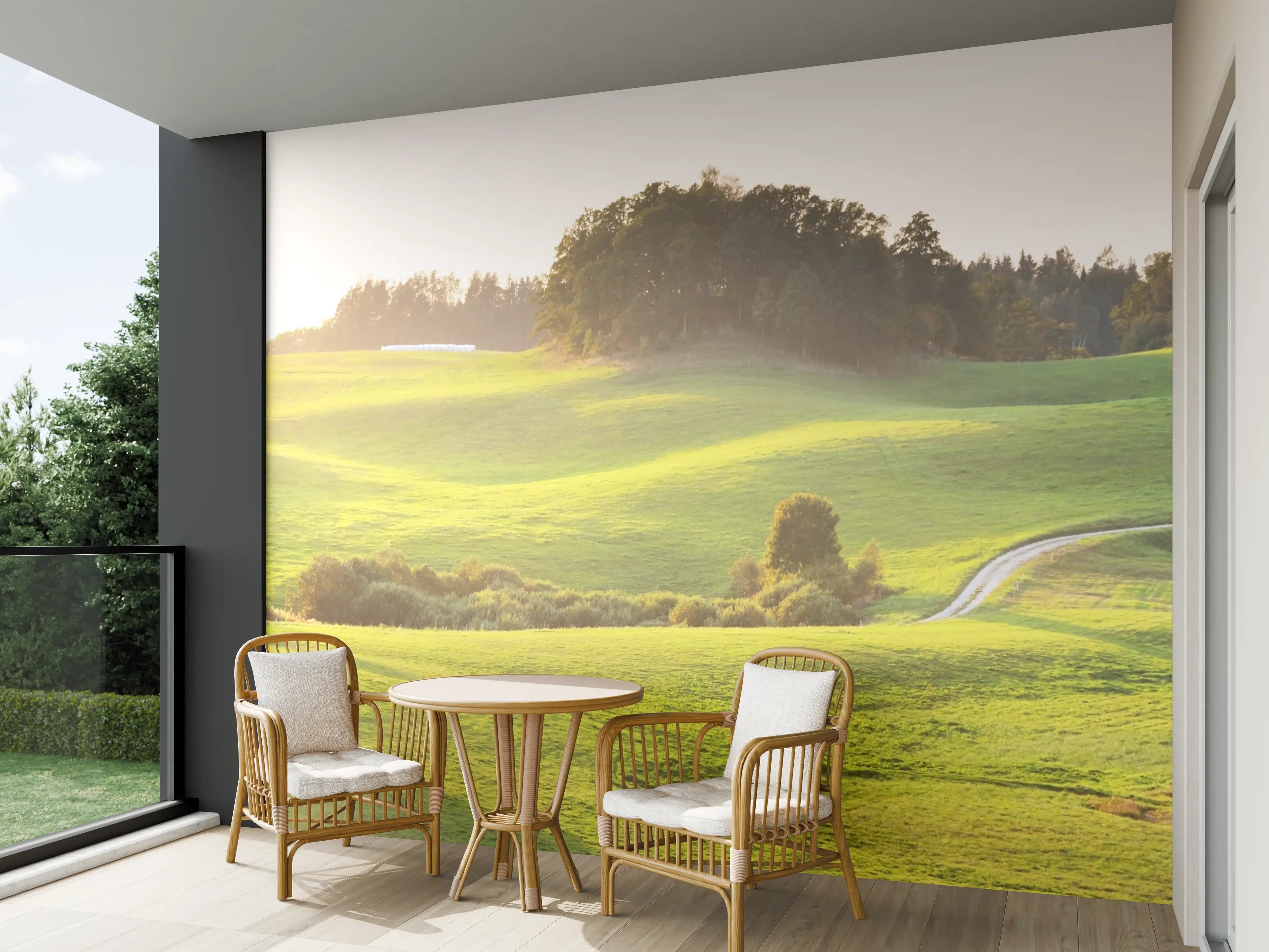 Wandverkleidung außen - Landschaft bei Sonnenaufgang mit grünen Hügeln und Bäumen