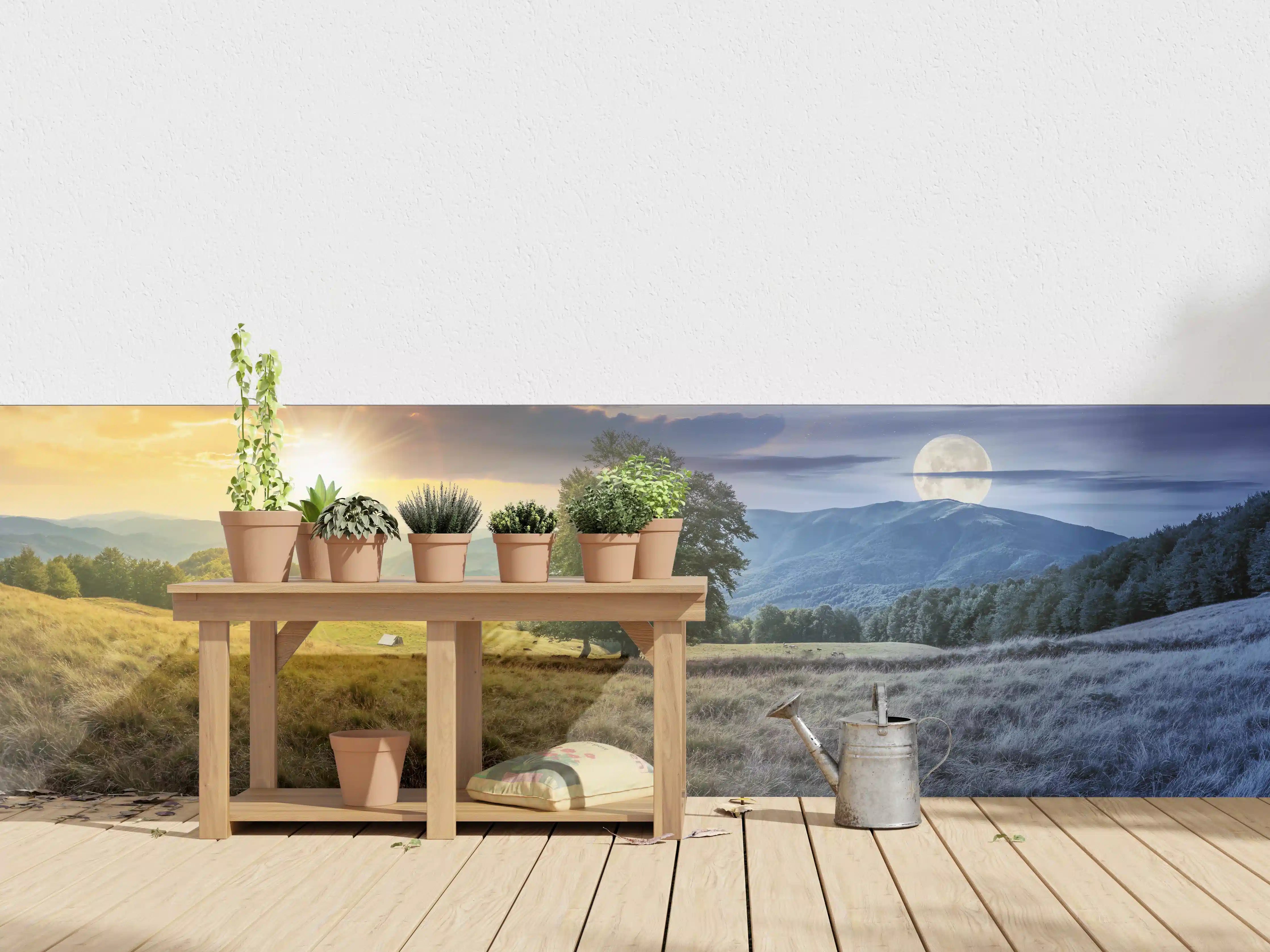 Wandverkleidung außen - Landschaft bei Sonnenaufgang und Vollmond