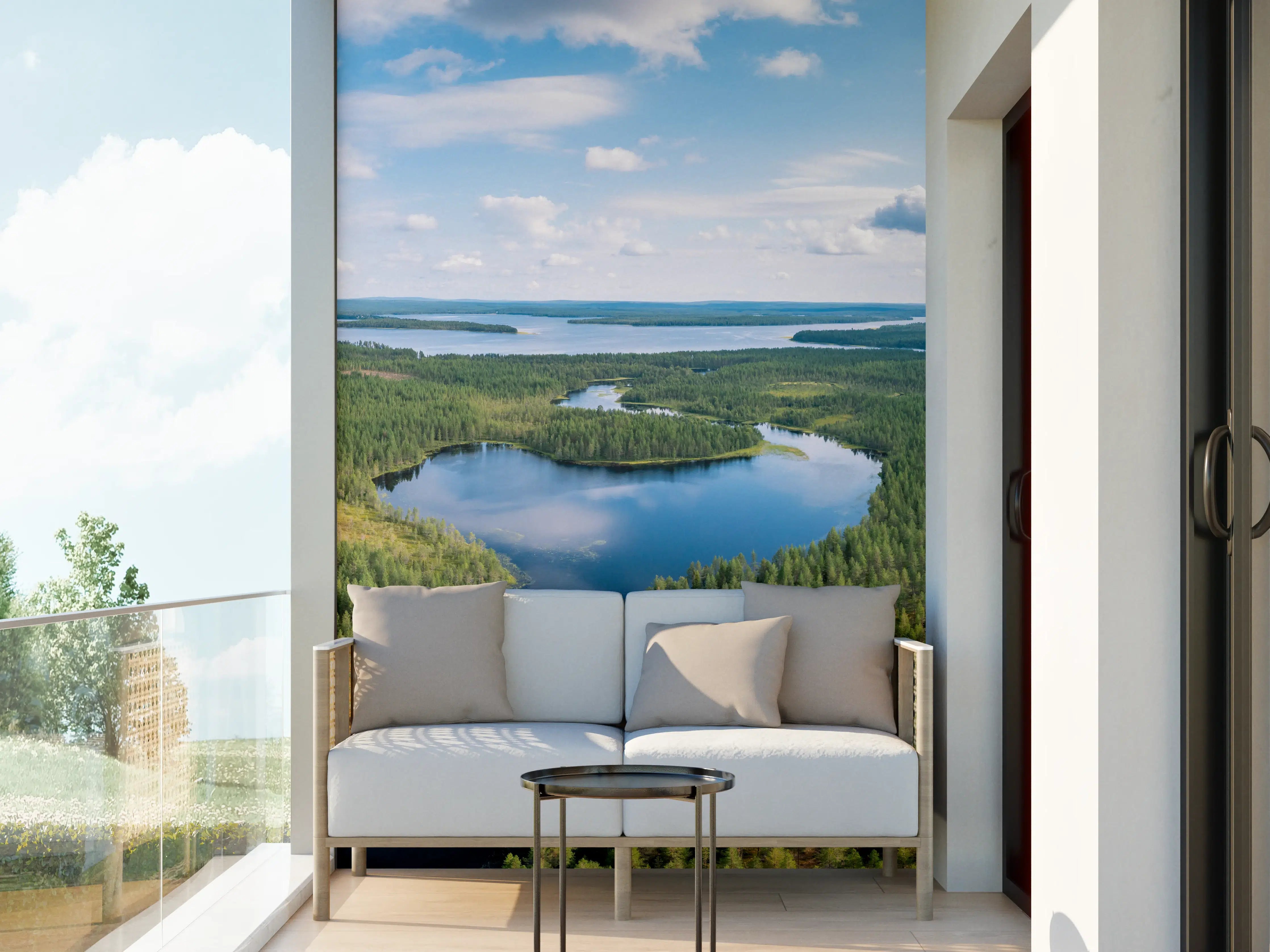 Wandverkleidung außen - Landschaft mit See und Wald unter blauem Himmel