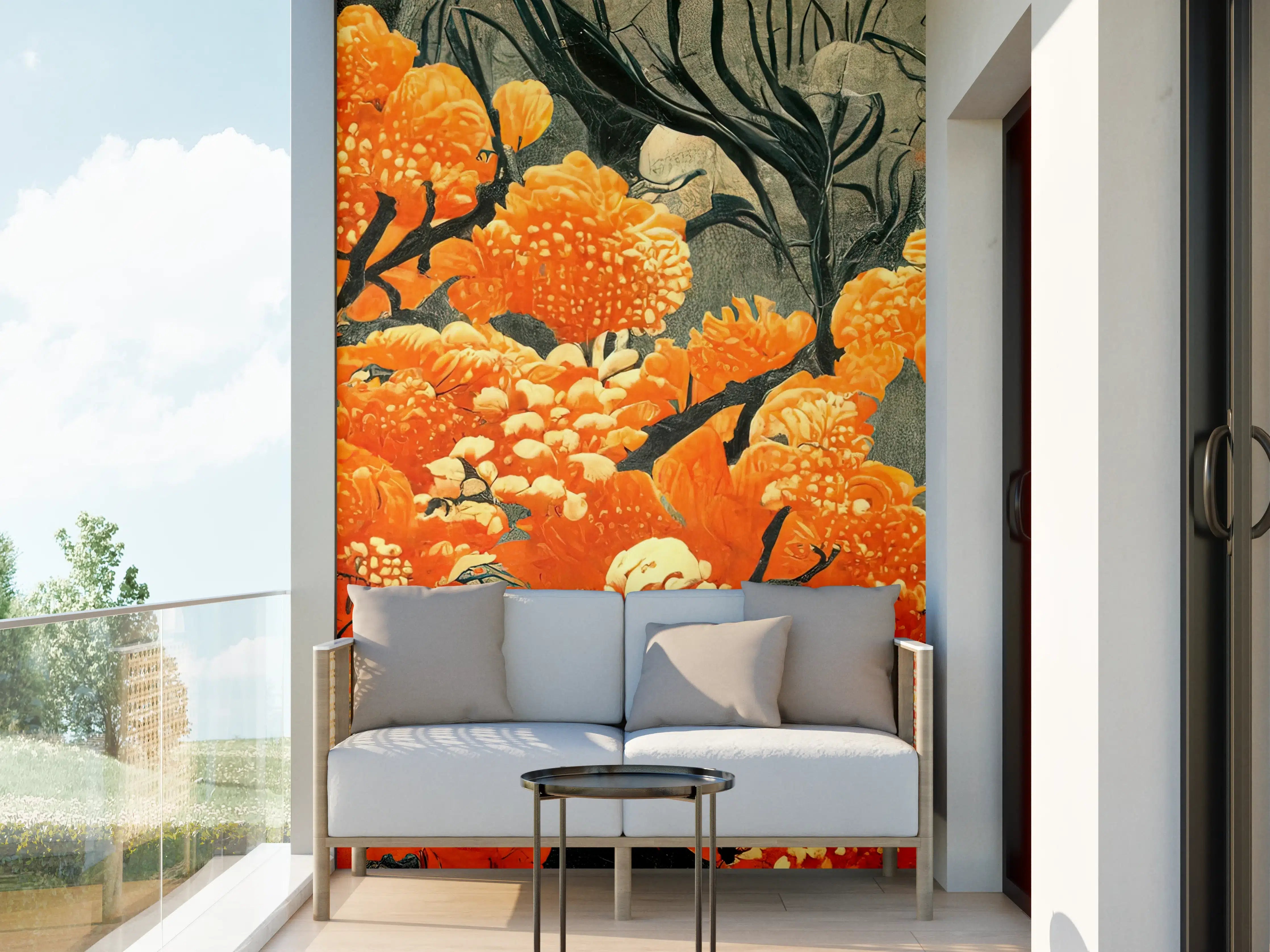 Wandverkleidung außen - Leuchtend orange Blüten mit dunklem Hintergrund