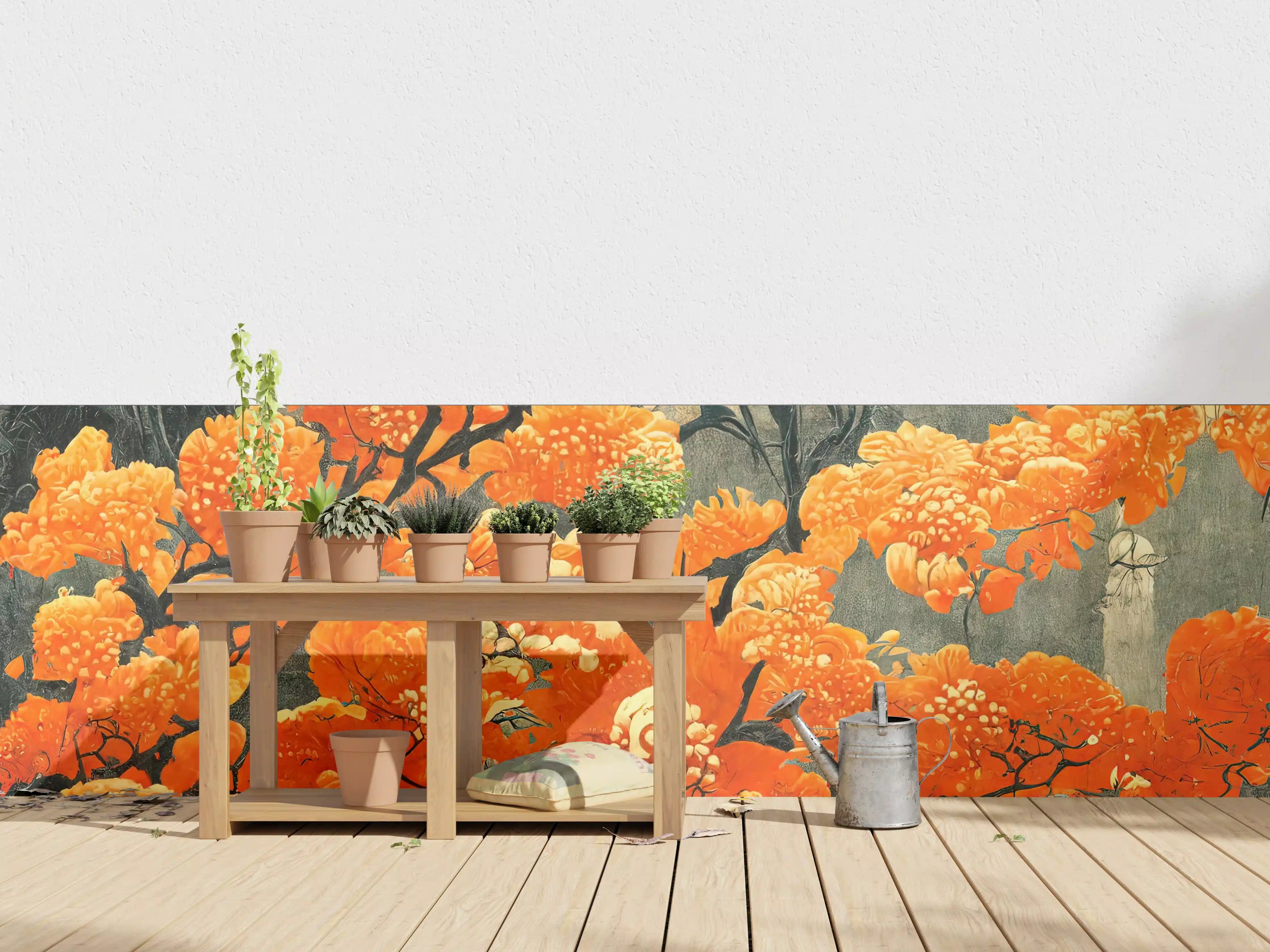 Wandverkleidung außen - Leuchtend orange Blüten mit dunklem Hintergrund