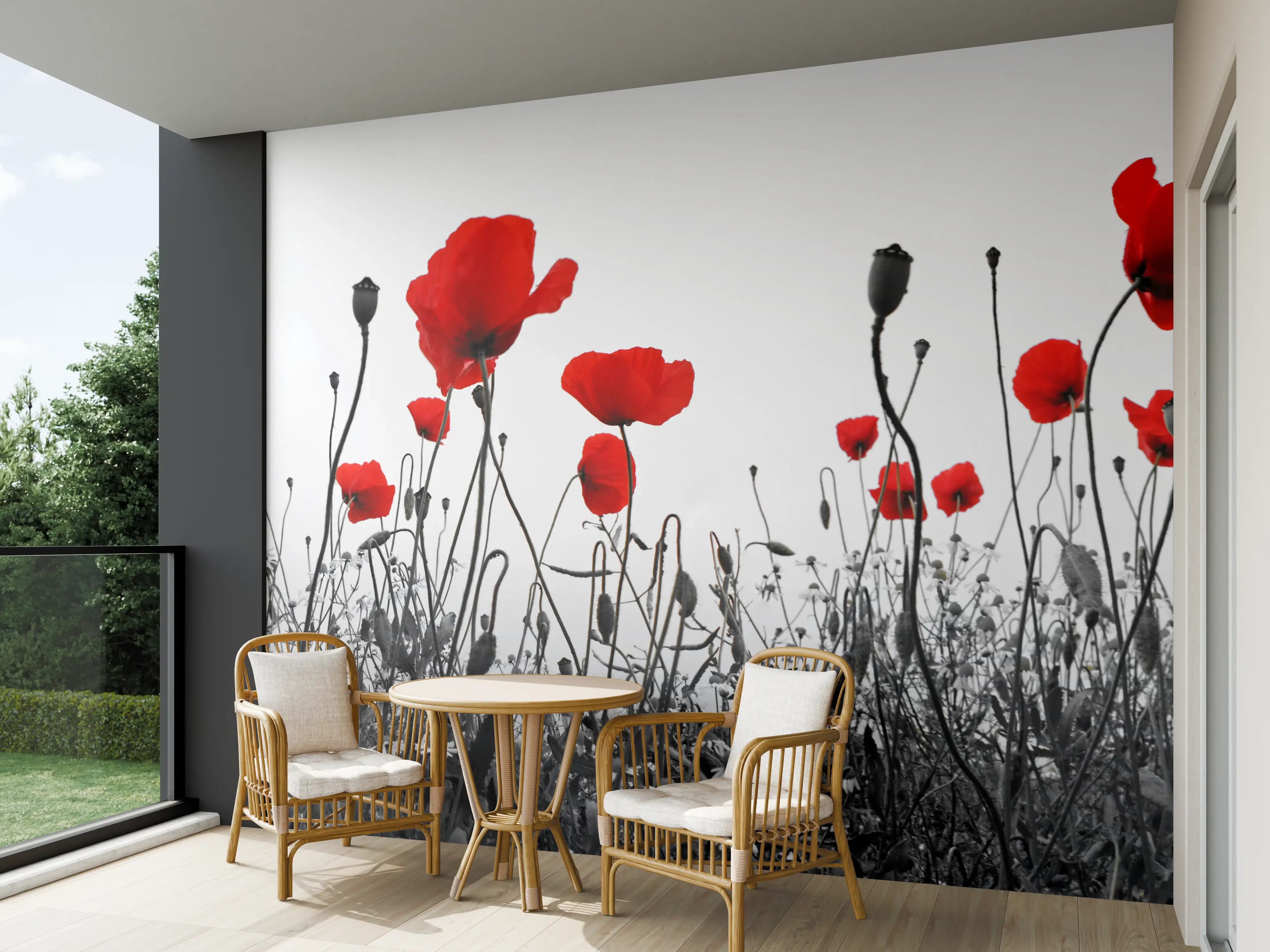 Wandverkleidung außen - Leuchtende Mohnblumen in Schwarz-Weiß-Kontrast