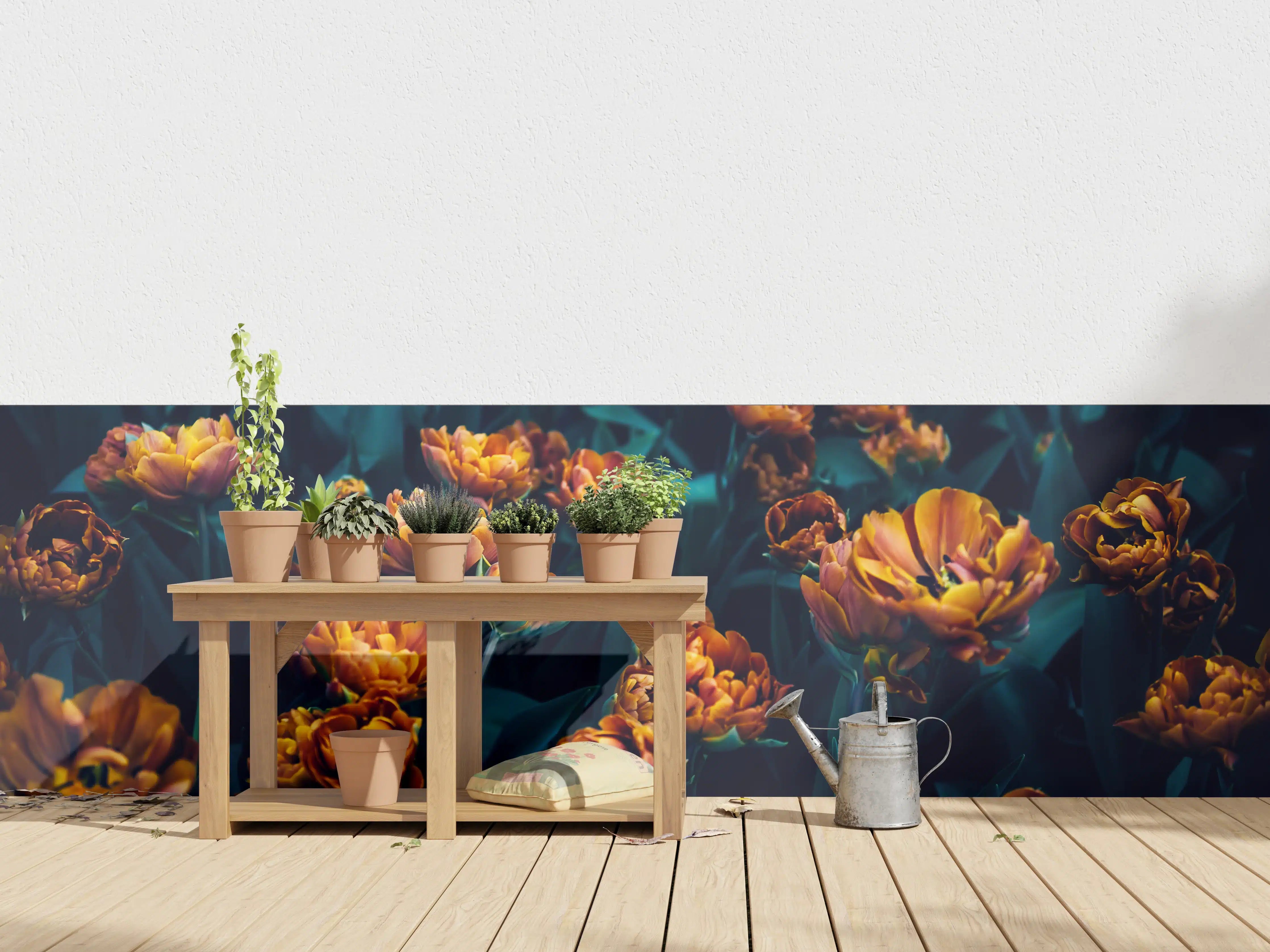 Wandverkleidung außen - Leuchtende orange Tulpen bei Dämmerung