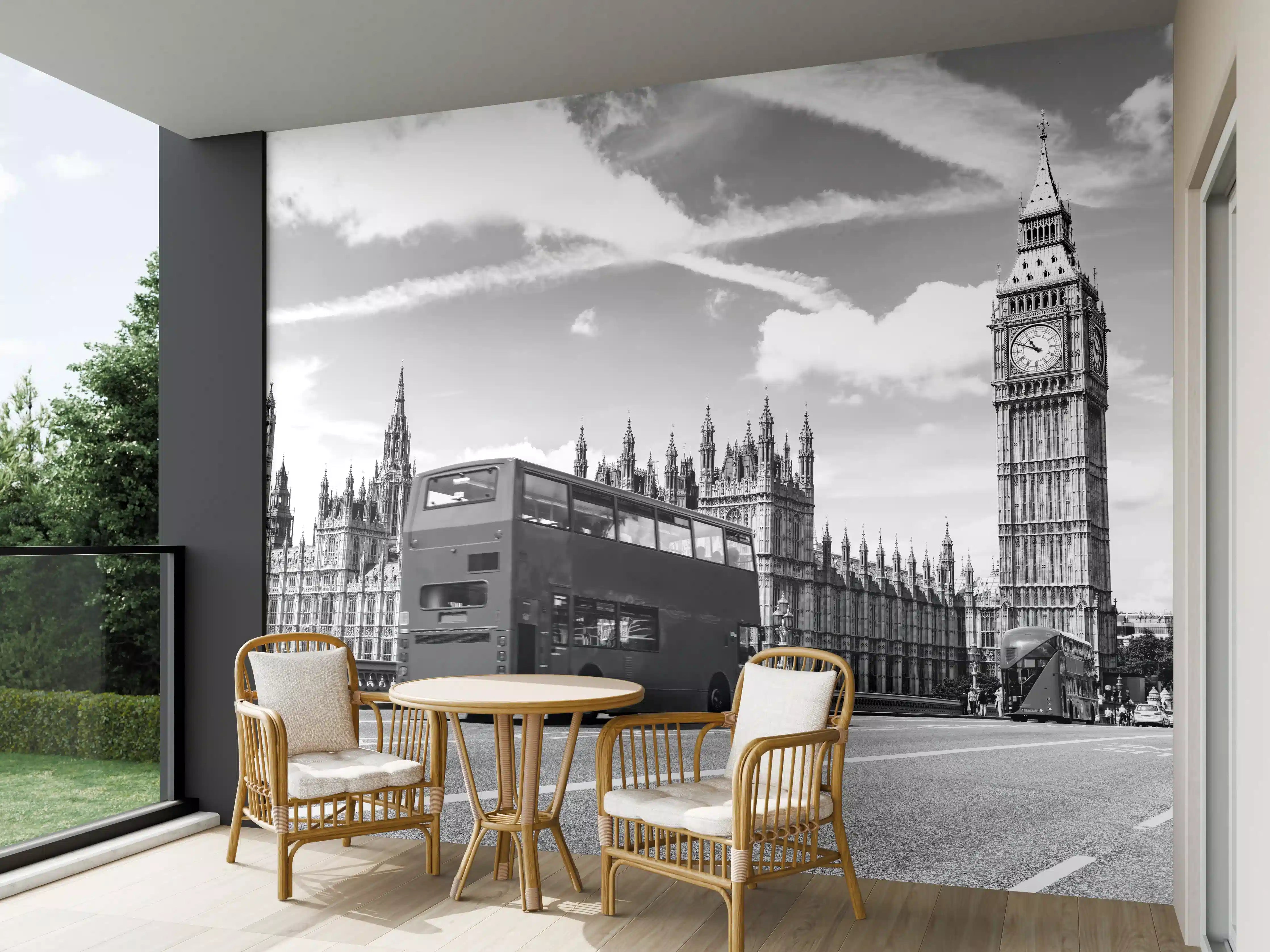Wandverkleidung außen - London Big Ben und Doppeldecker im Schwarz-Weiß-Design